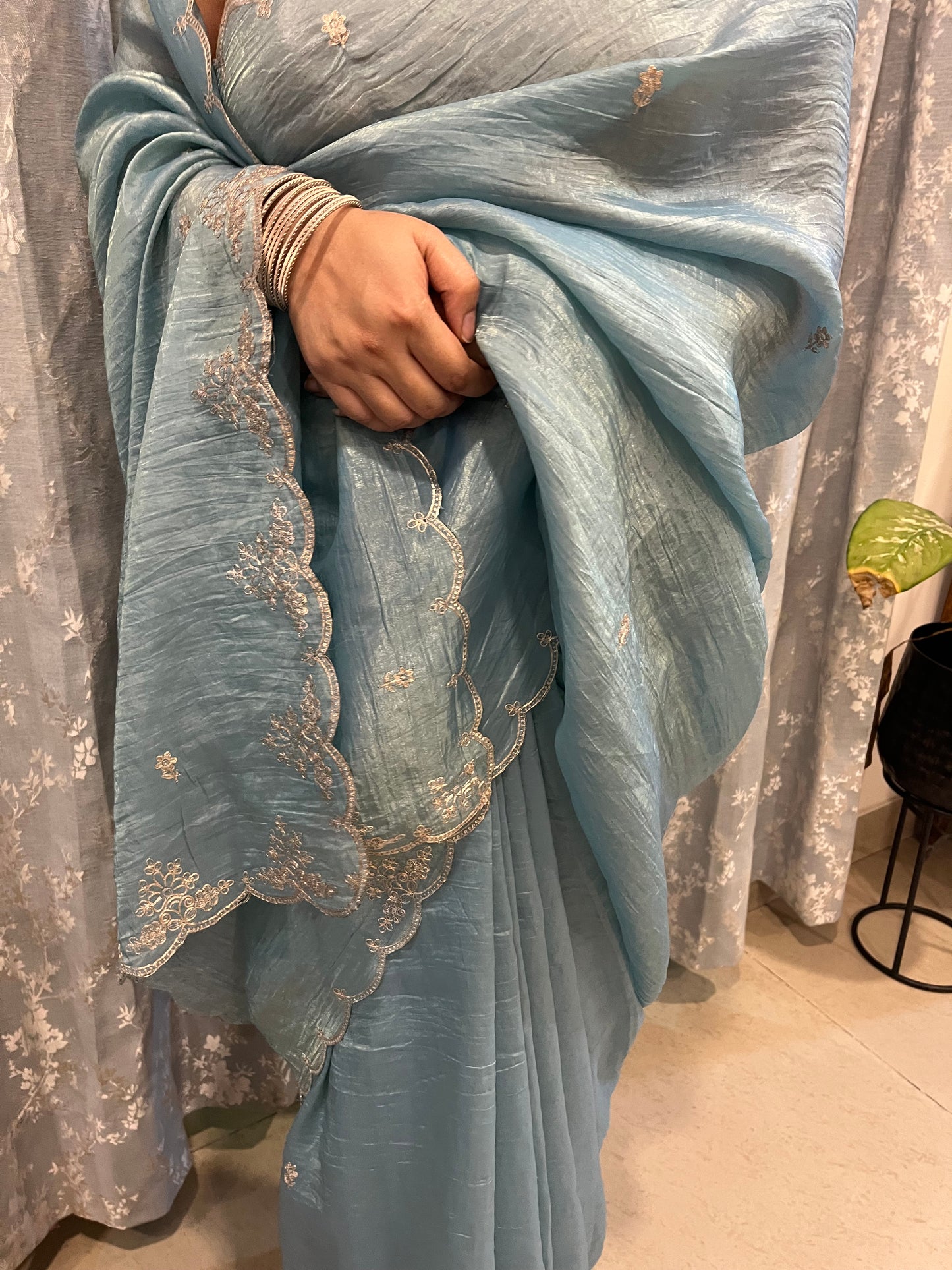 Pitta Work Crepe Tissue Saree - Aqua