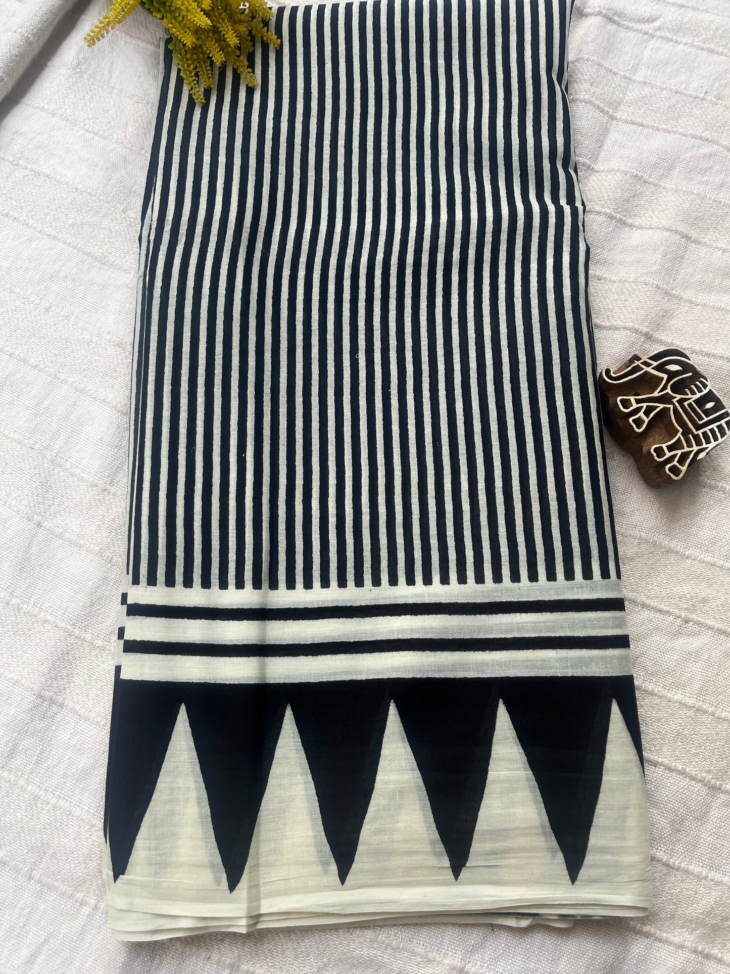 Contemporary Ajrakh Mul Cotton Saree - Black Stripes
