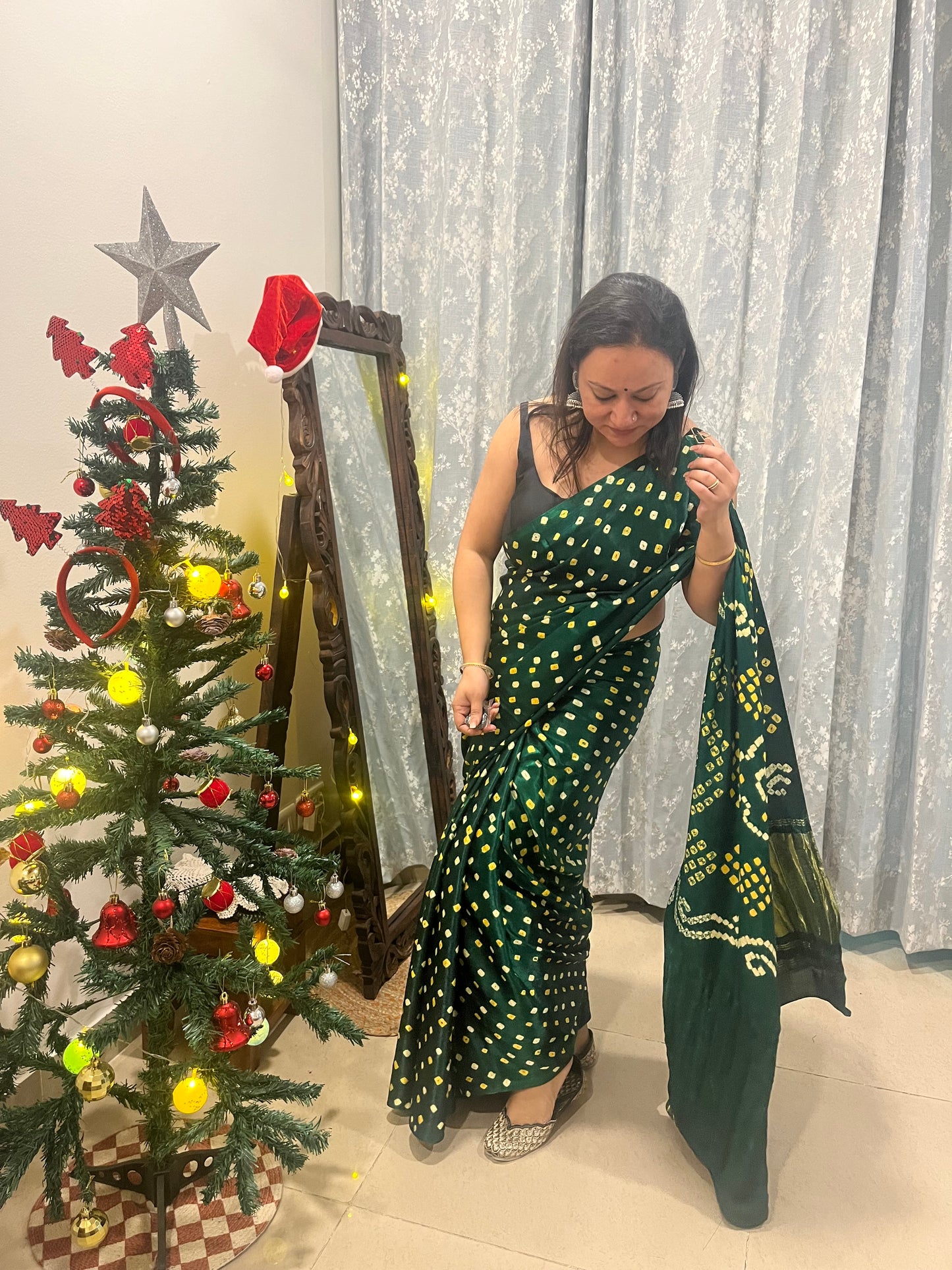 Bandhani Modal Silk saree with Tissue Palla - Bottle Green with White Yellow Bandhej