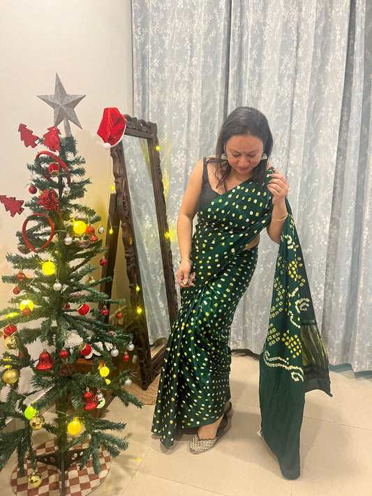 Bandhani Modal Silk saree with Tissue Palla - Bottle Green with White Yellow Bandhej