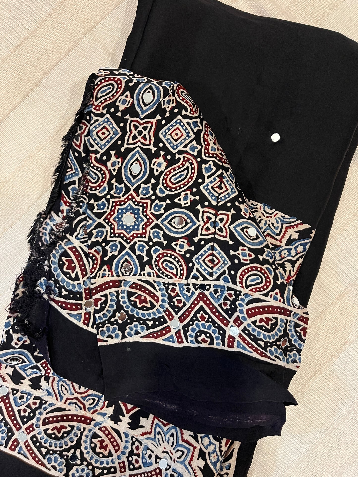 Ajrakh Modal Silk Saree with Mirror Work - Black Half & Half