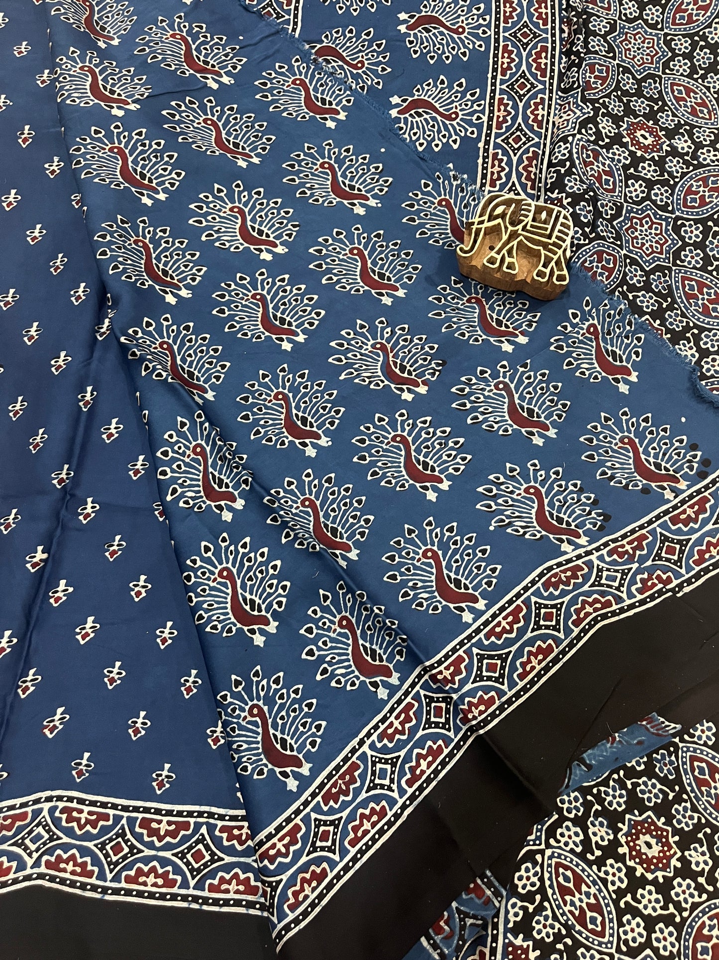 Ajrakh Modal Silk Saree - Indigo Small Buttis