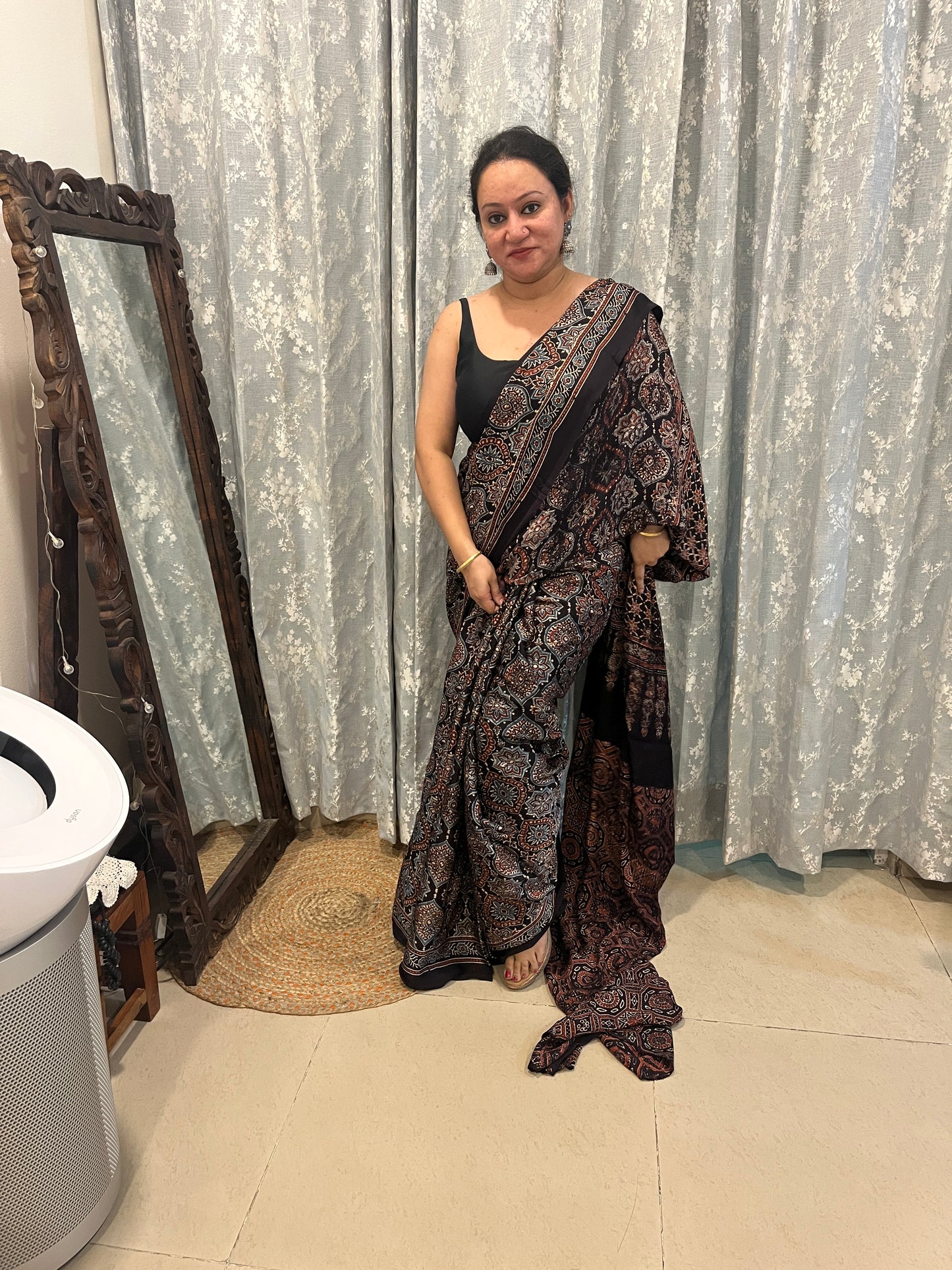 Ajrakh Modal Silk Saree - Black Badam Block