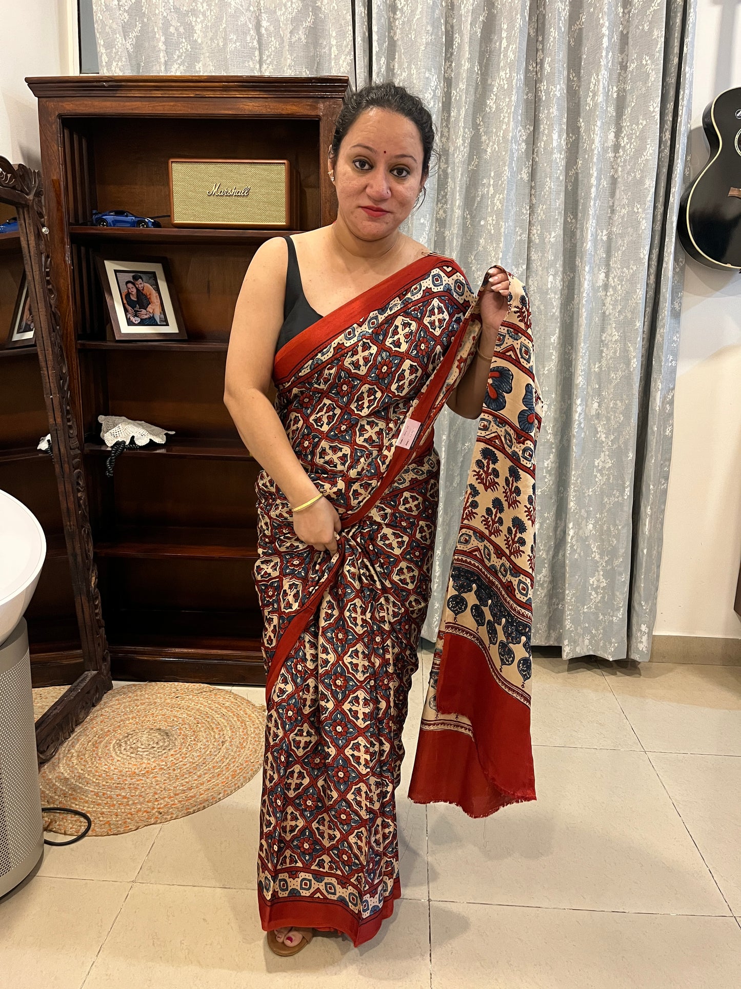 Ajrakh Modal Silk Saree - Beige Red