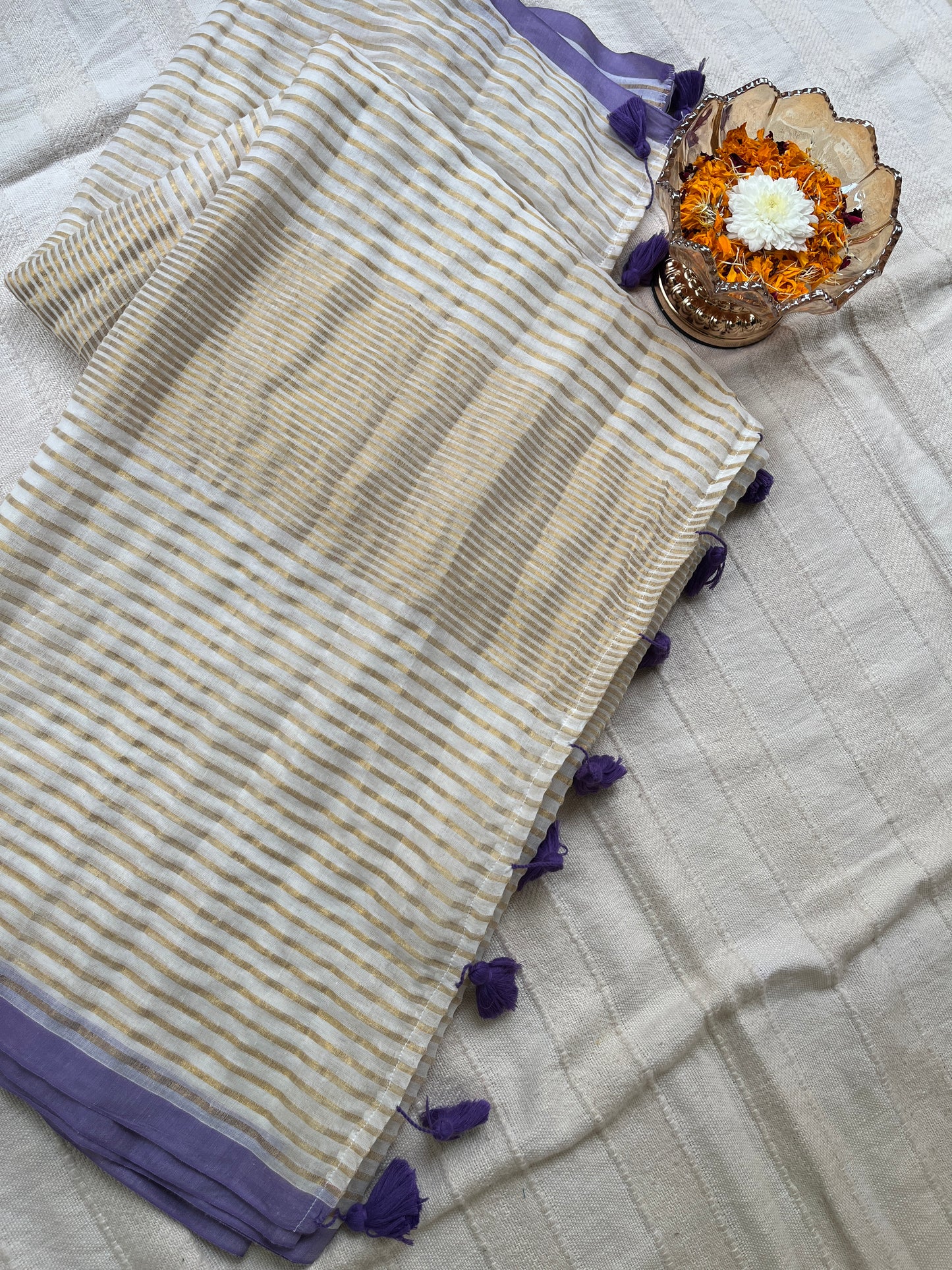 Zari Stripes Mul Cotton Saree - Off-white with Purple Border (No Blouse piece)