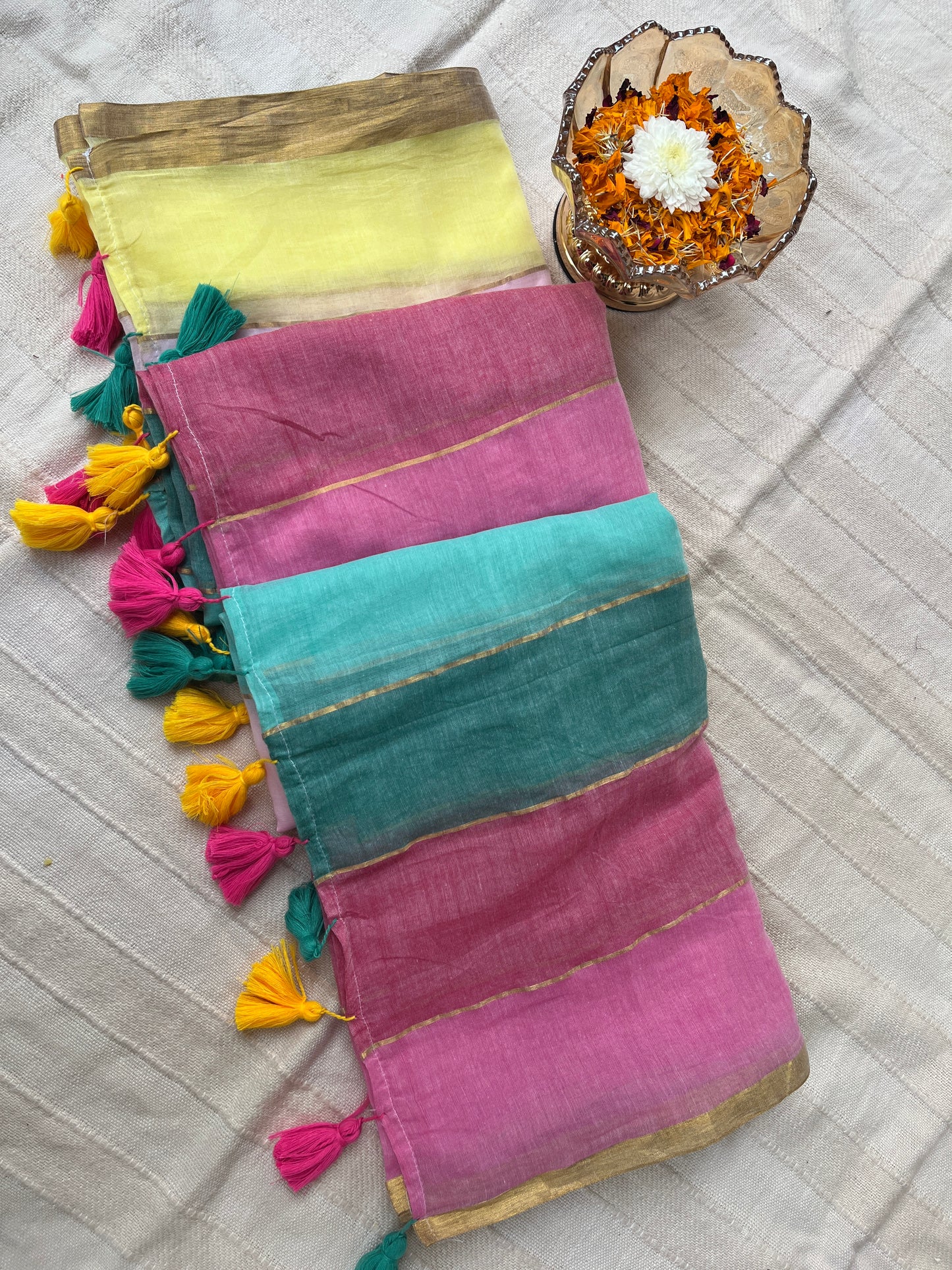 Multicolour Zari Stripes Mul Cotton Saree (No Blouse piece)
