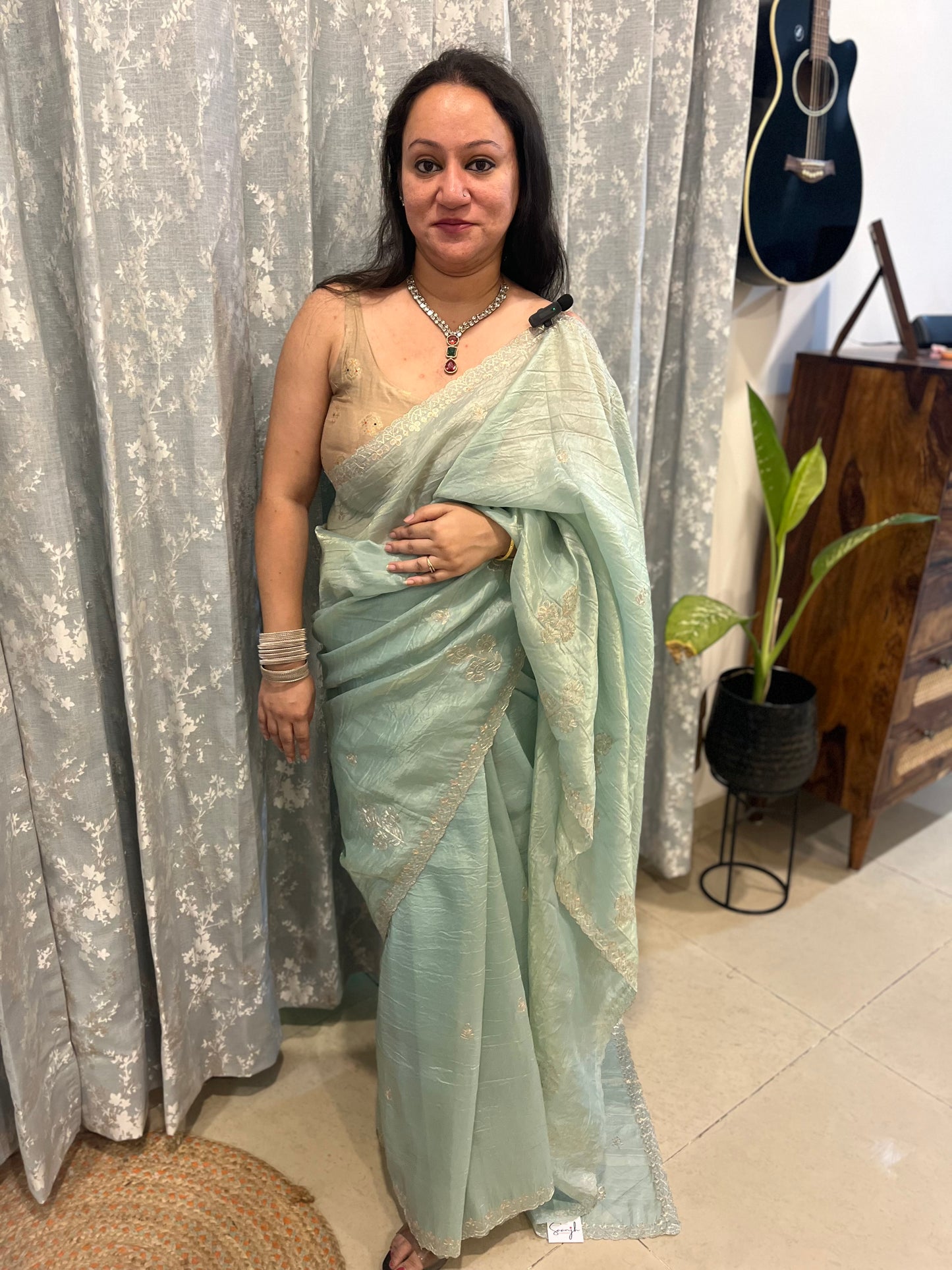 Pitta Work Crepe Tissue Saree - Sea Green