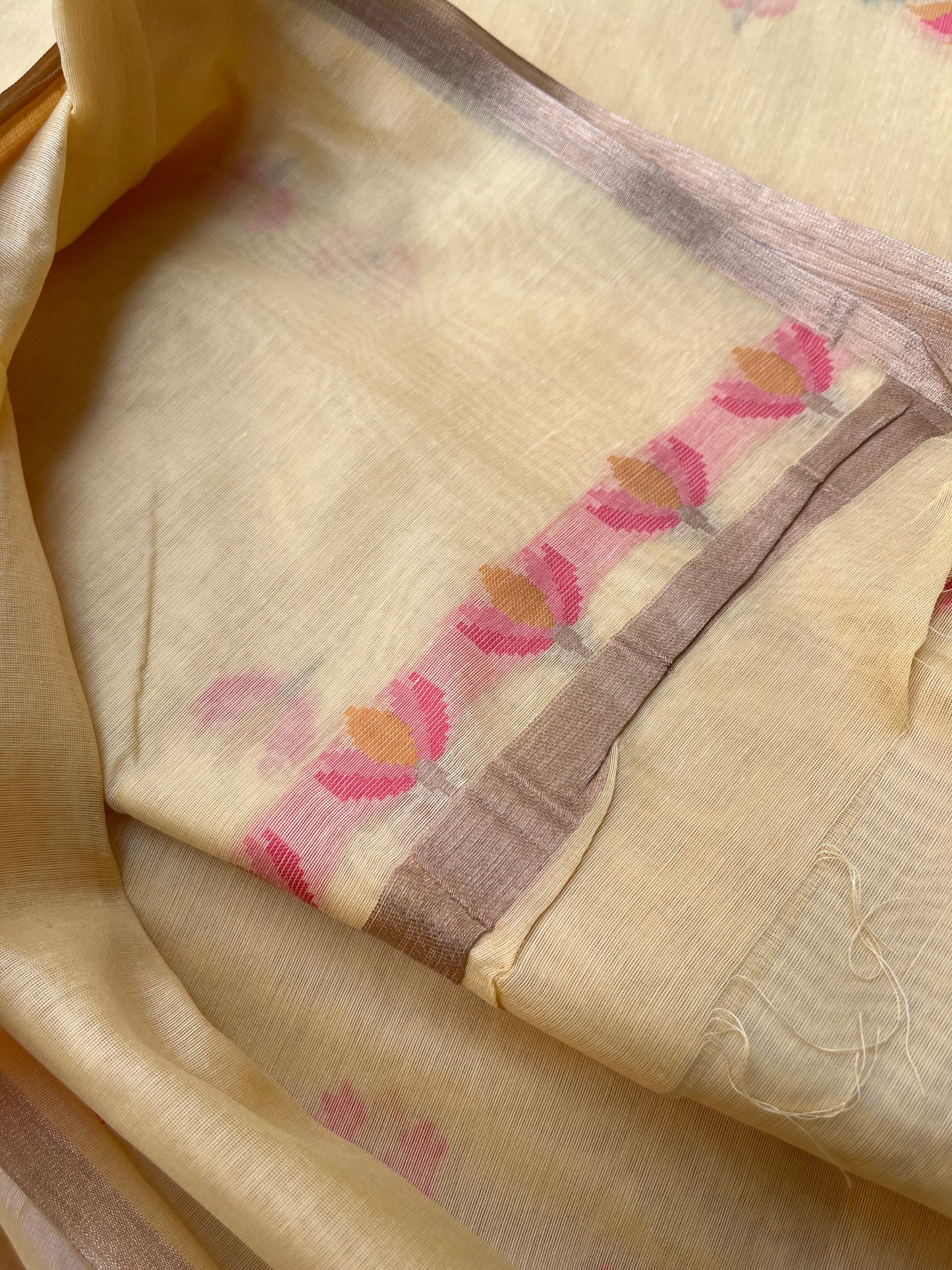 Chanderi Cotton Jamdani Saree - Lemon Yellow Lotus Motifs