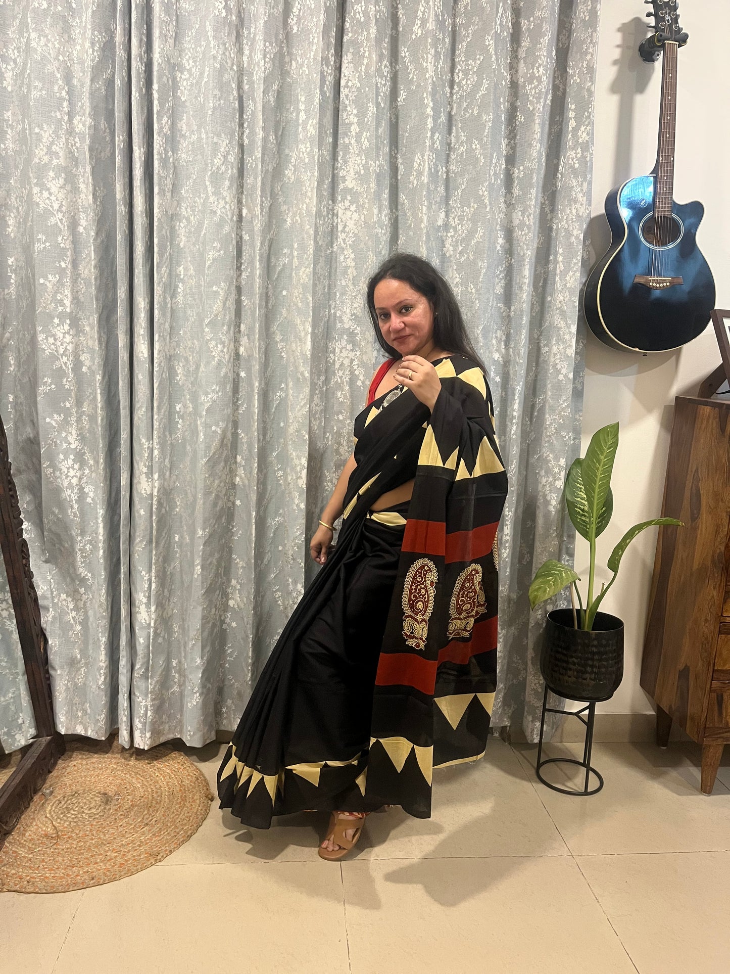 Contemporary Ajrakh Mul Cotton Saree - Black with Temple Border