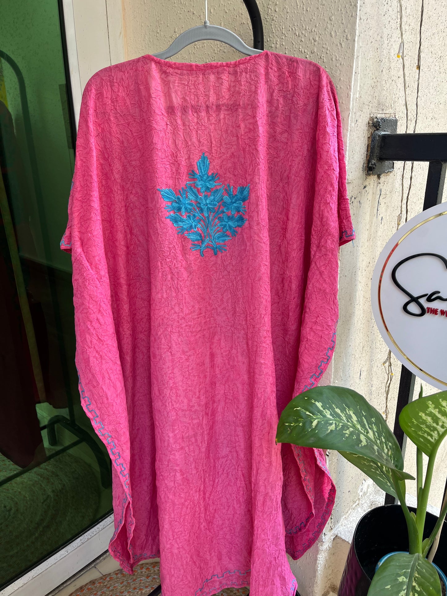 Crush Cotton Aariwork Kaftan - Pink