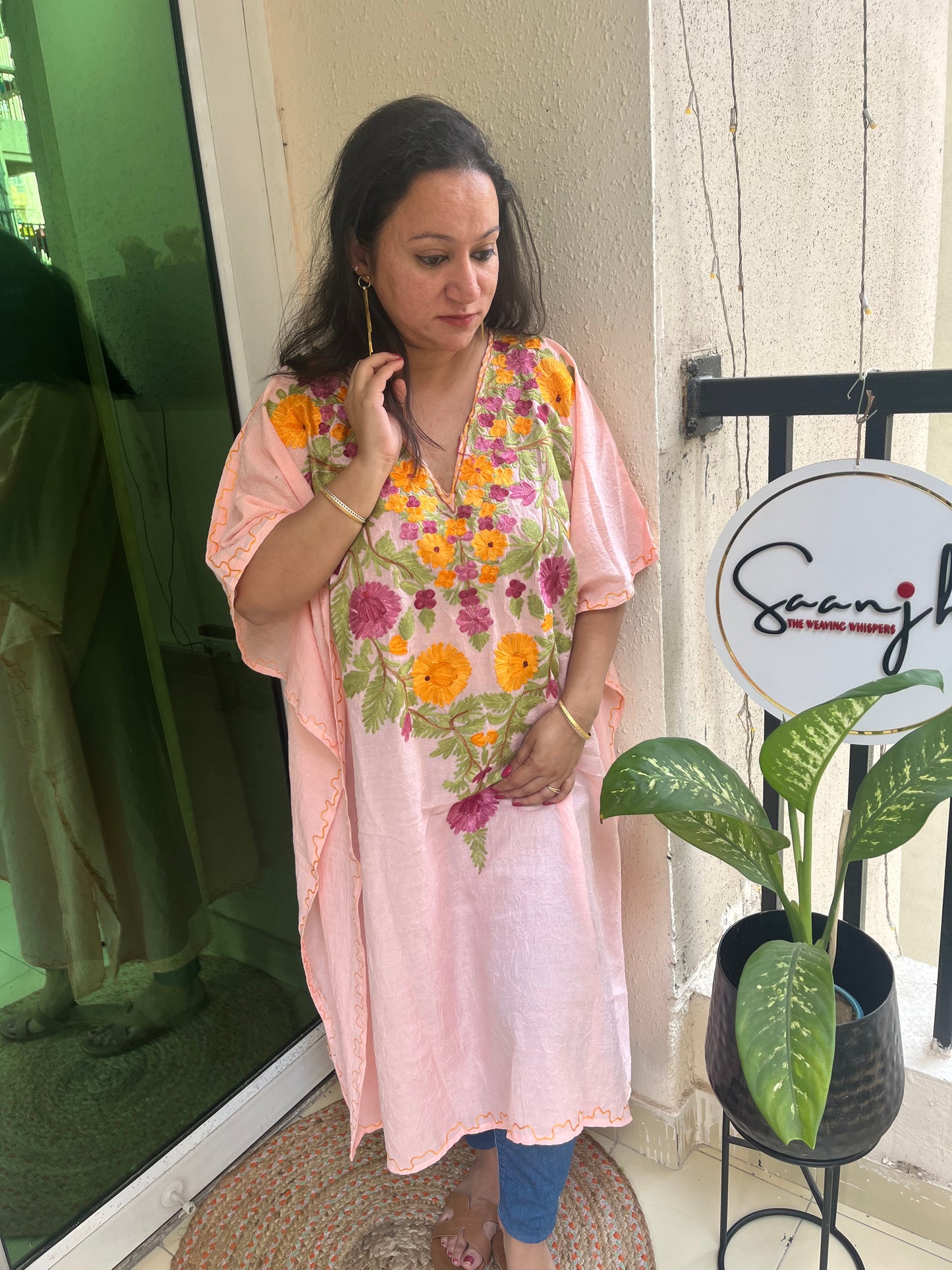 Crush Cotton Aariwork Kaftan - Baby Pink