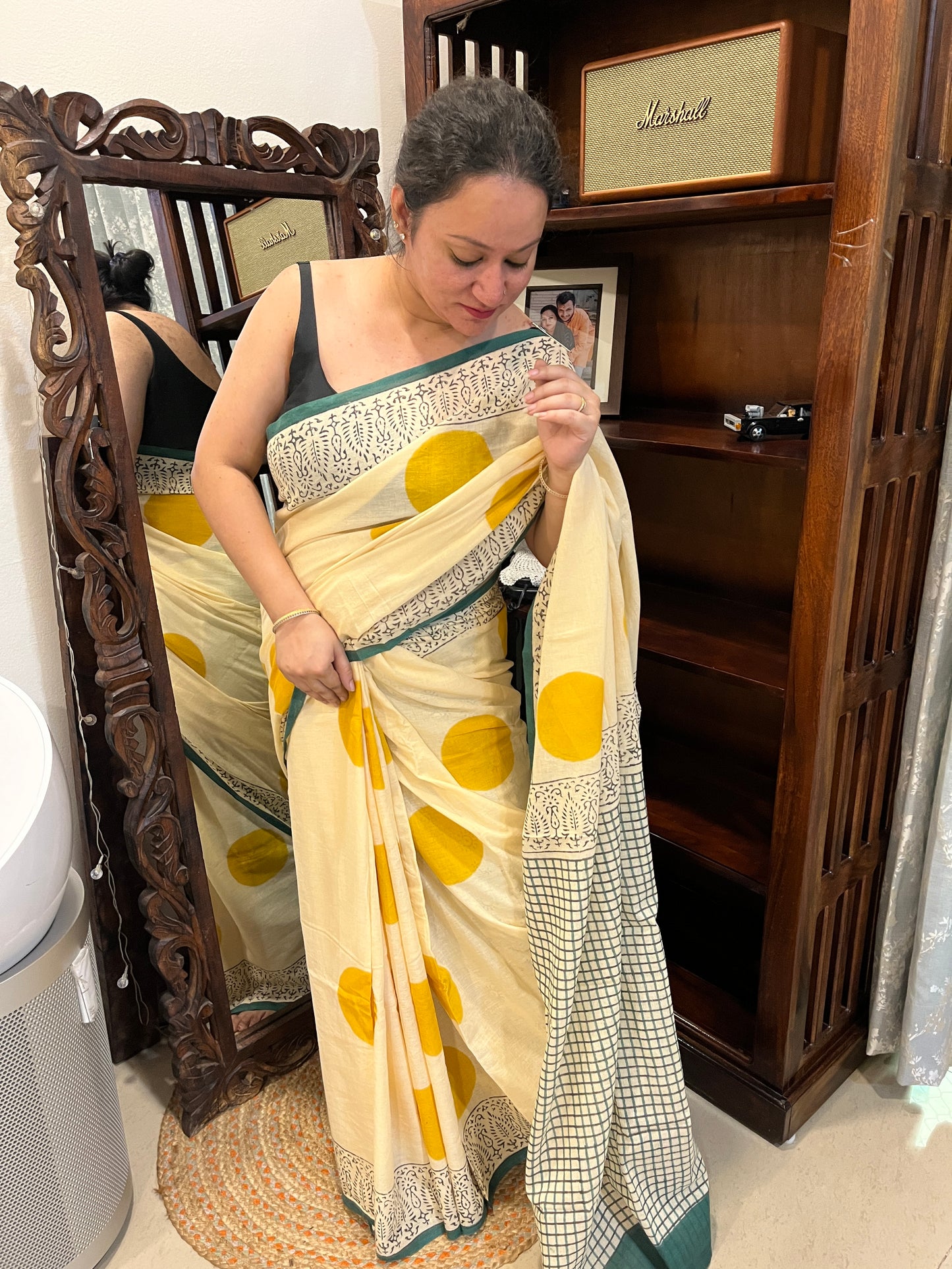 ‘Bindi Tales’ Handblock Mul Cotton Saree - Yellow on Off-white