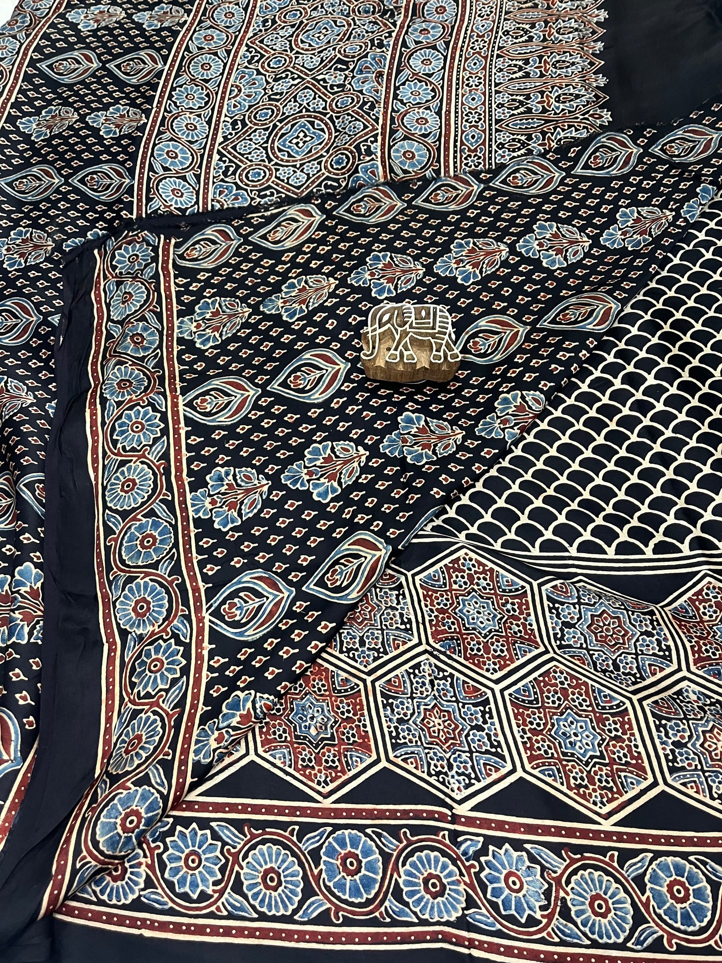 Ajrakh Modal Silk Saree - Black Cobra print