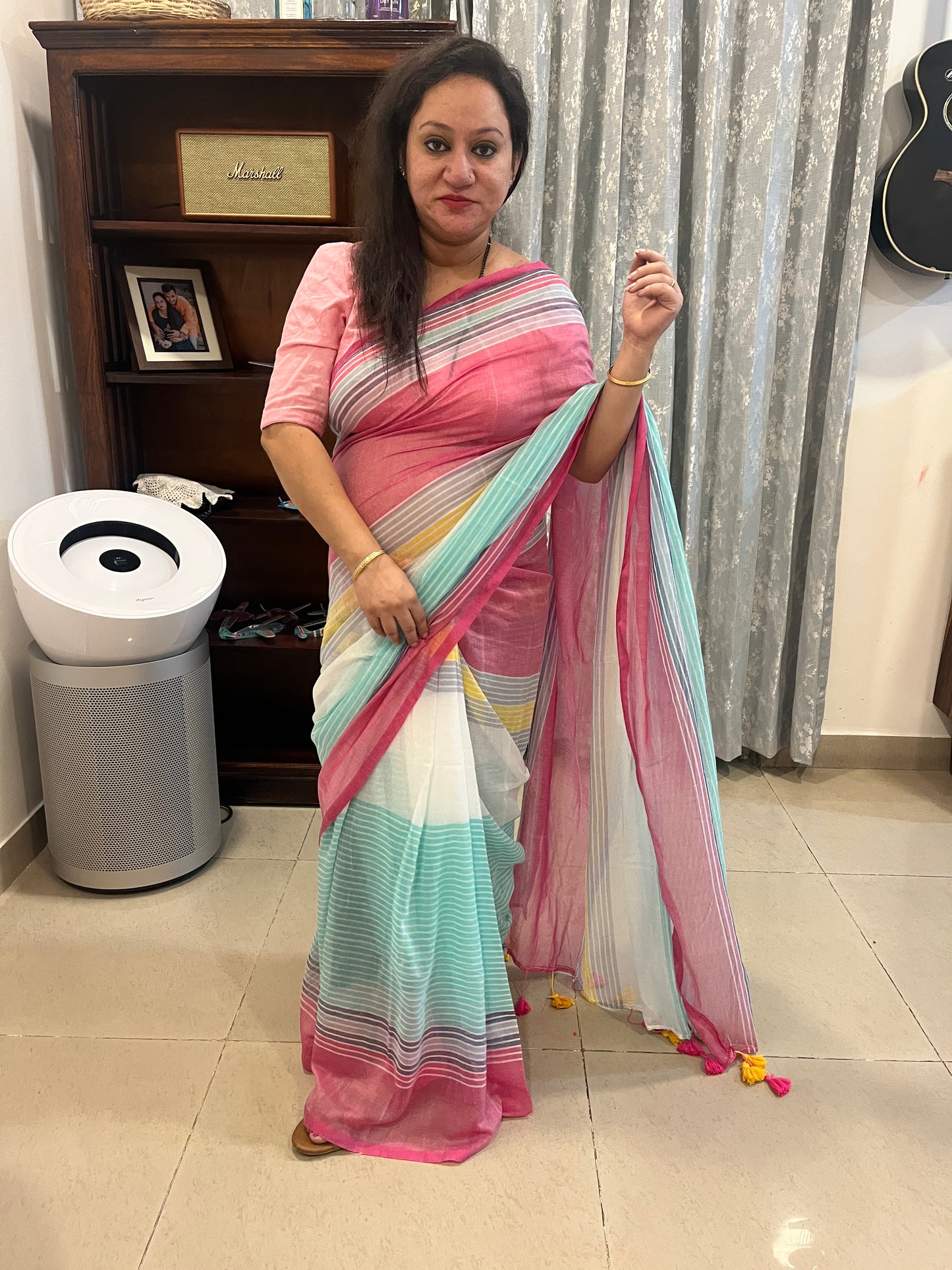 Multicolour Stripes Mul Cotton Saree (No Blouse piece)