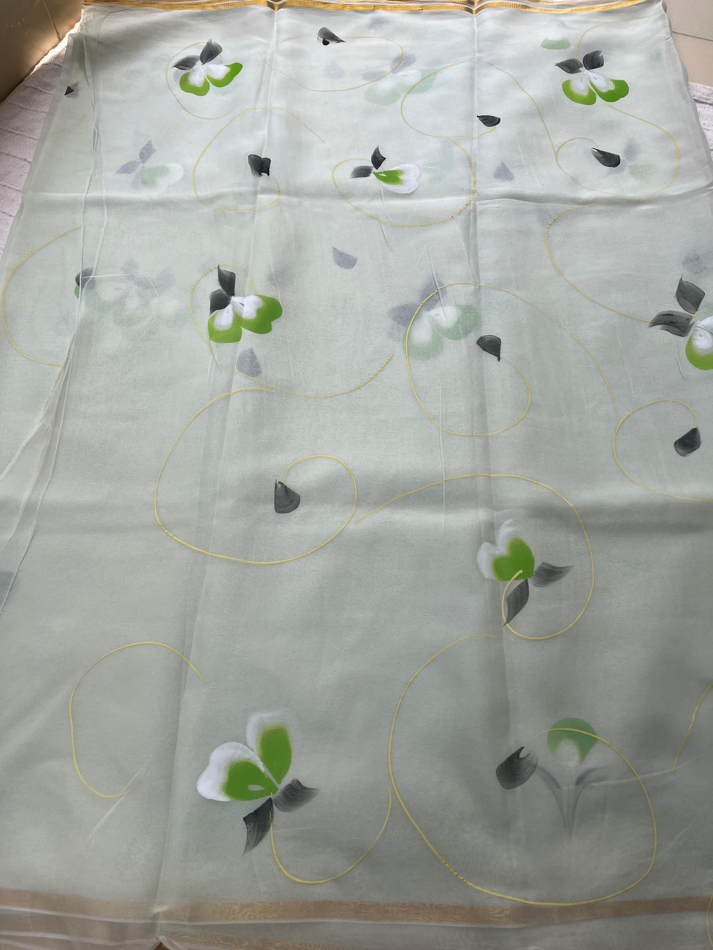 Hand-painted Chiffon Saree - Lime Green