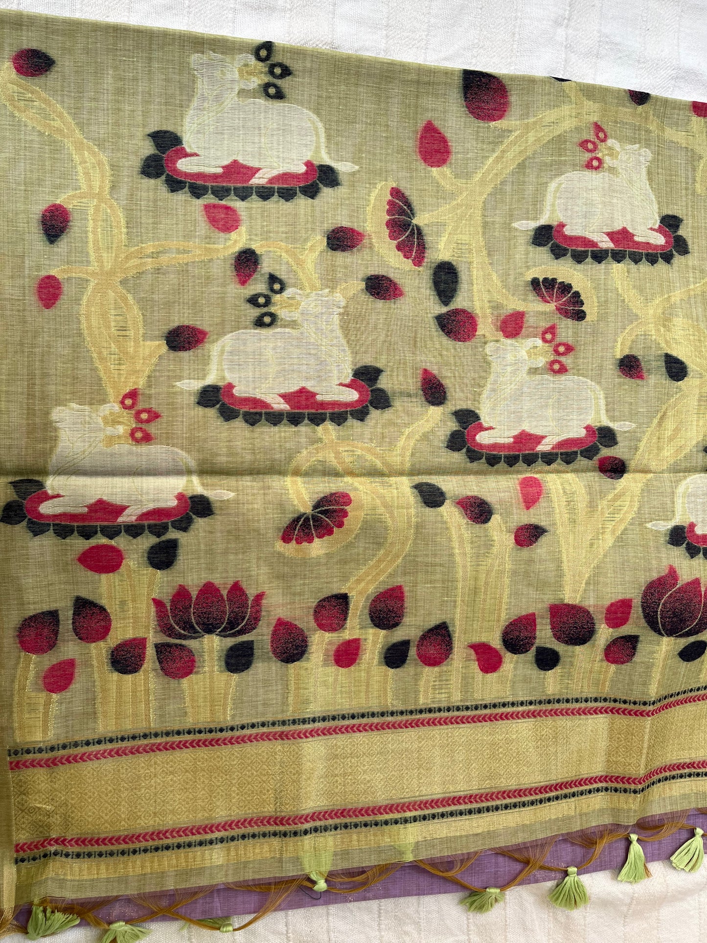 Chanderi Cotton Jamdani Saree - Lavender-Olive Green Pichwai