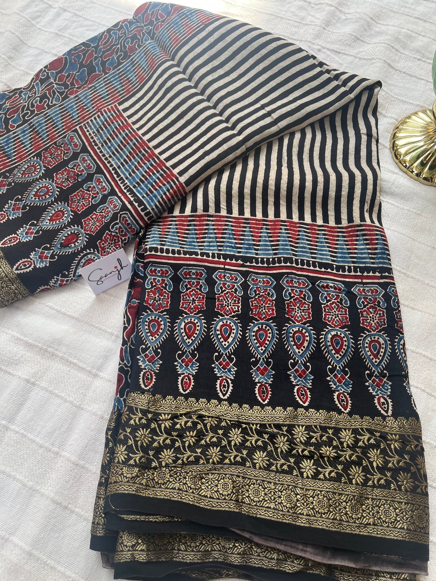Contemporary Ajrakh Dola Silk Saree - Black Stripes