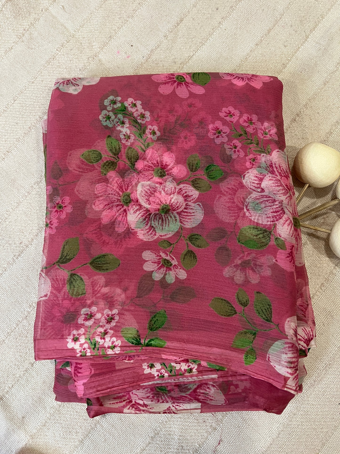 Semi Chiffon Floral Saree - Light Pink