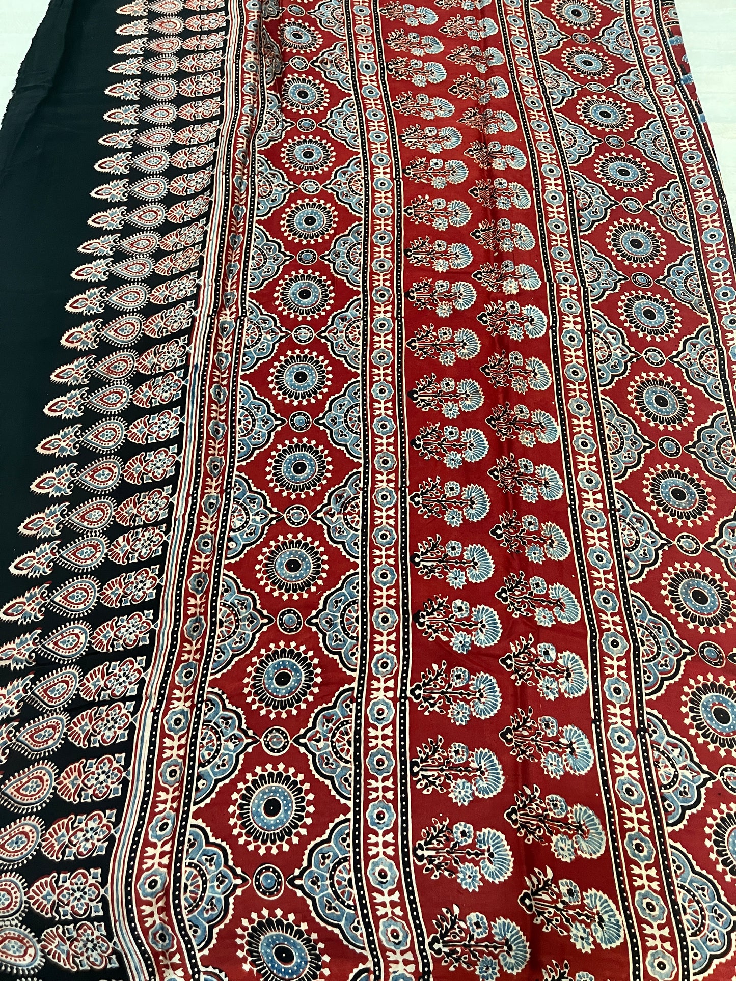 Ajrakh Modal Silk Saree - Red Lotus Motifs