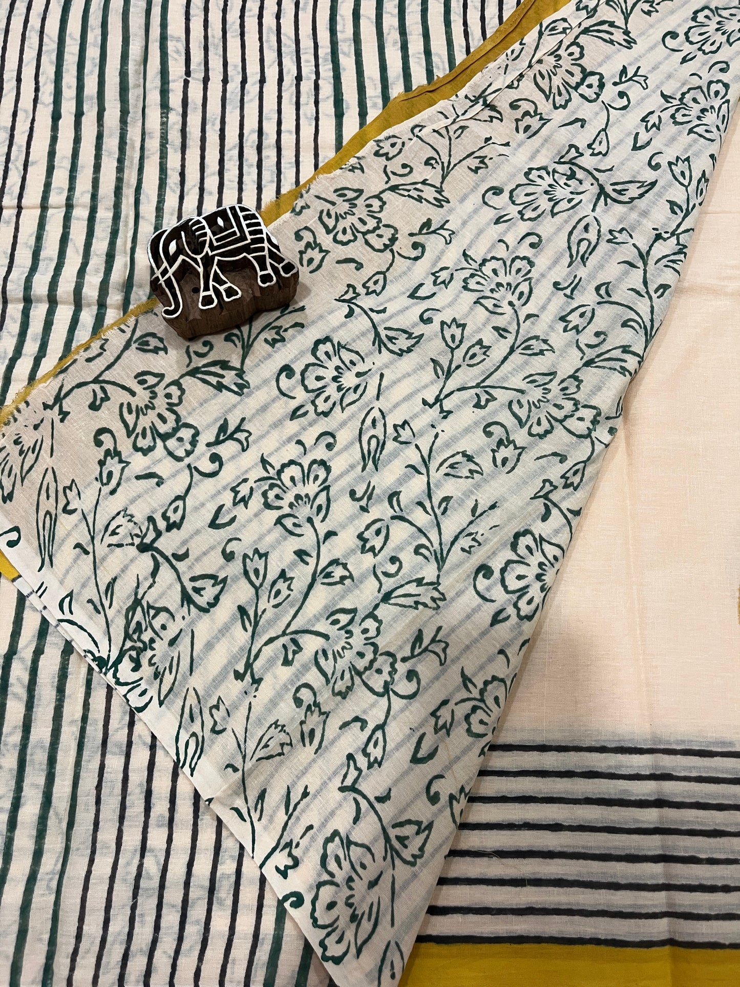 ‘Bindi Tales’ Handblock Mul Cotton Saree - Yellow on Off-white