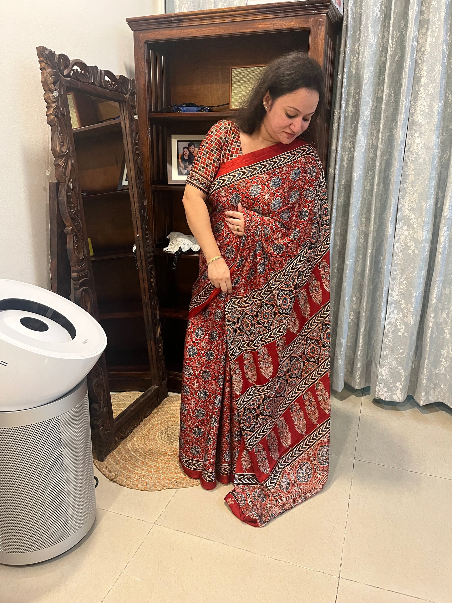 Ajrakh Modal Silk Saree - Classic Red