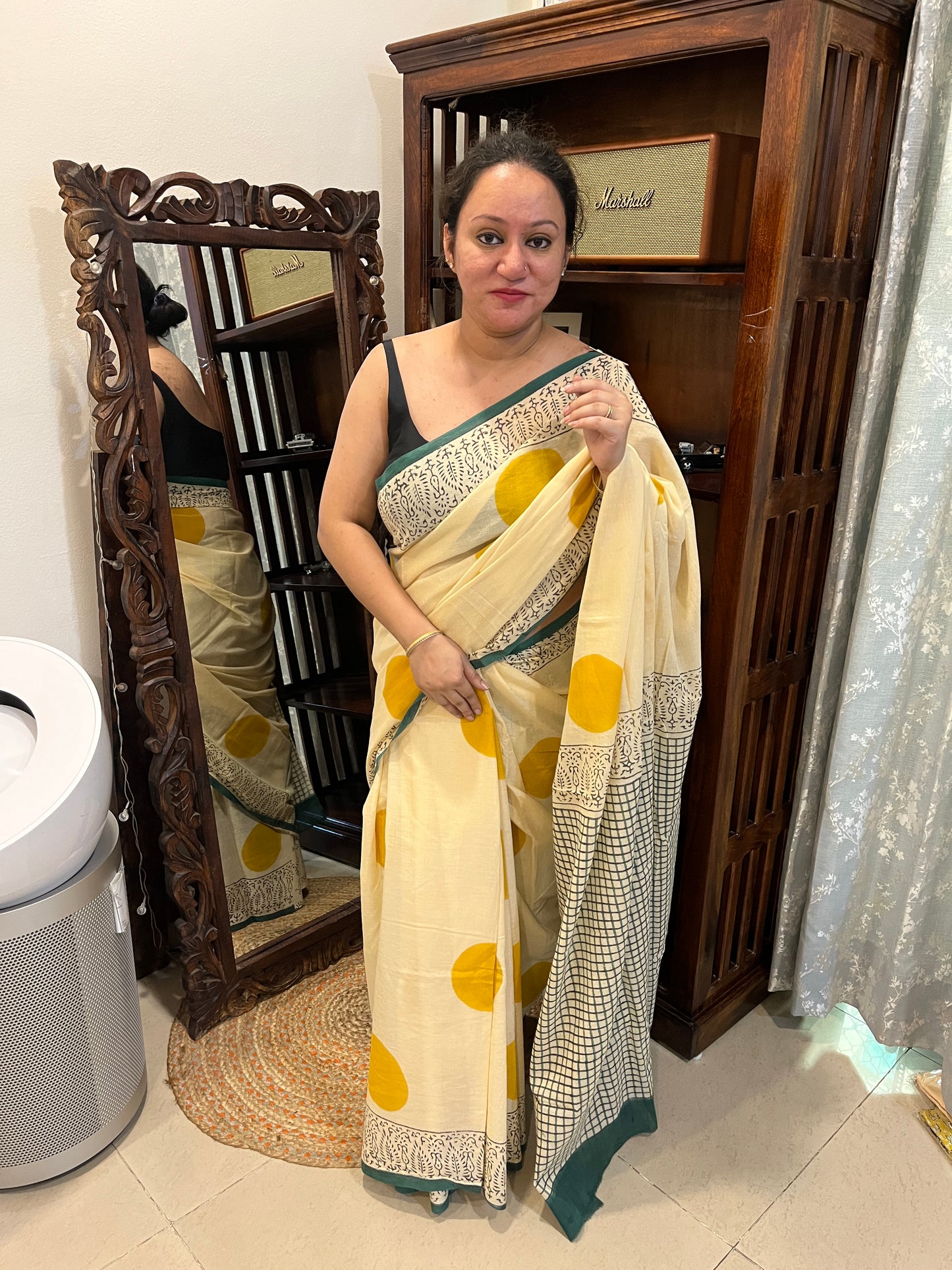 ‘Bindi Tales’ Handblock Mul Cotton Saree - Yellow on Off-white