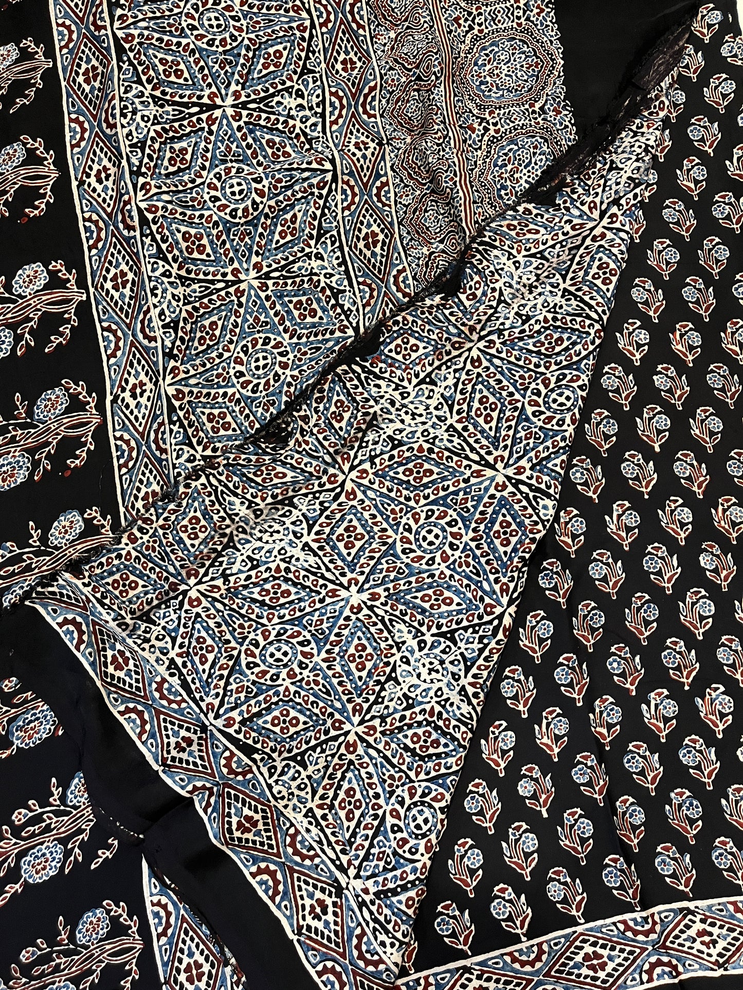 Ajrakh Modal Silk Saree - Black Flower Buttis