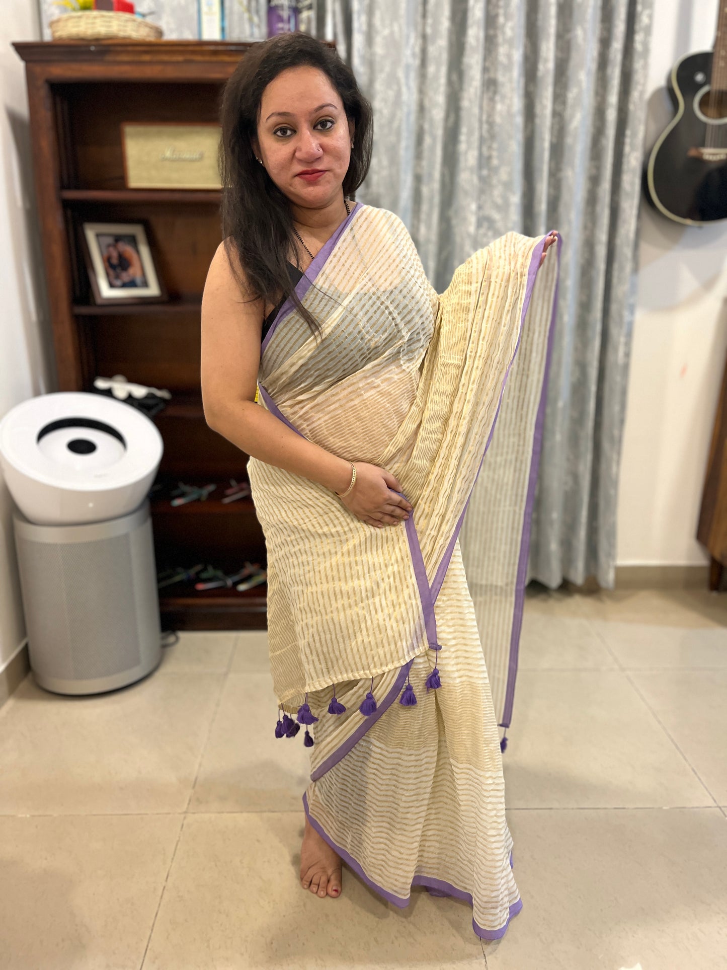 Zari Stripes Mul Cotton Saree - Off-white with Purple Border (No Blouse piece)