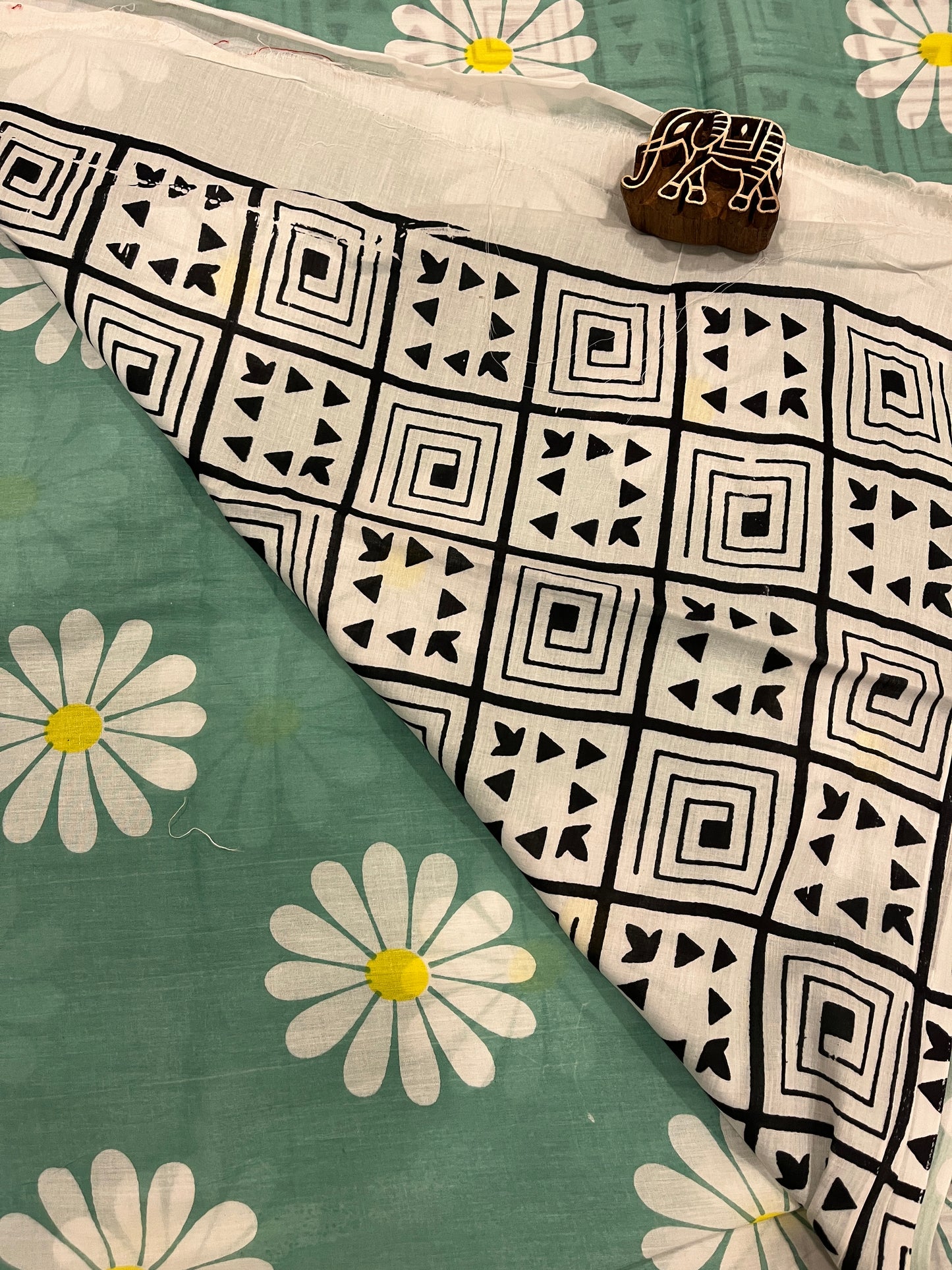 Sea Green Flower Print Running Mul Cotton Saree