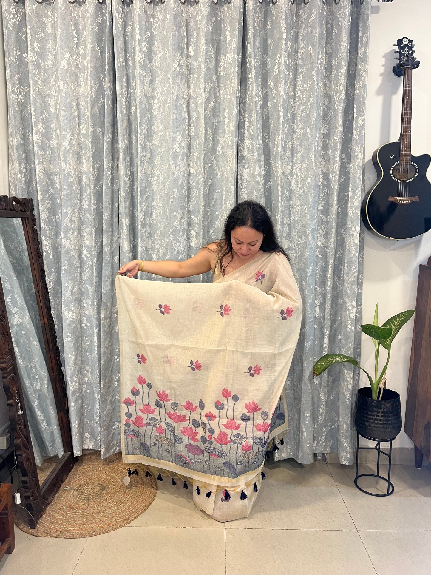 Chanderi Cotton Jamdani Saree - Pink Lotus Pond