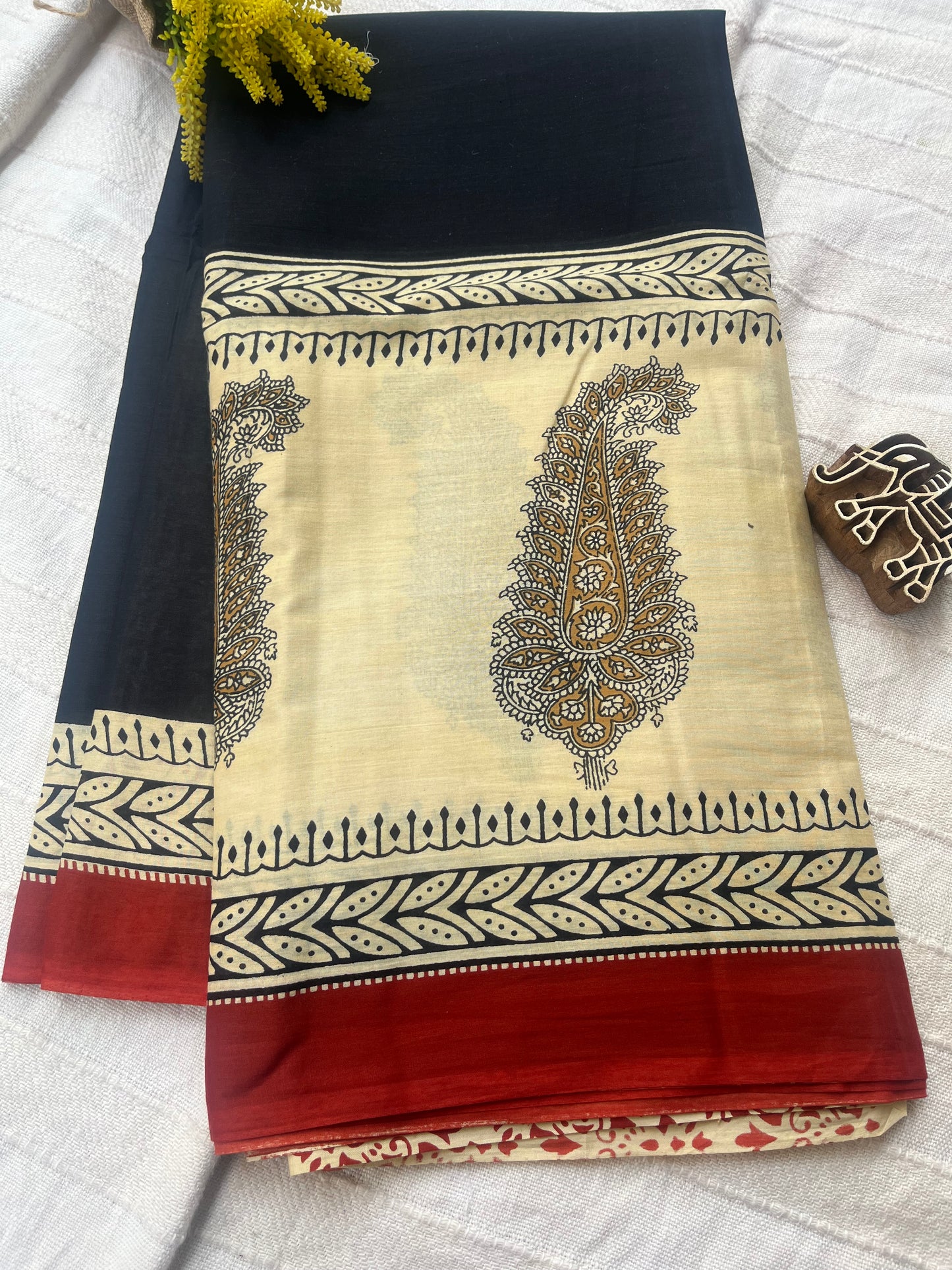 Contemporary Handblock Mul Cotton Saree - Black