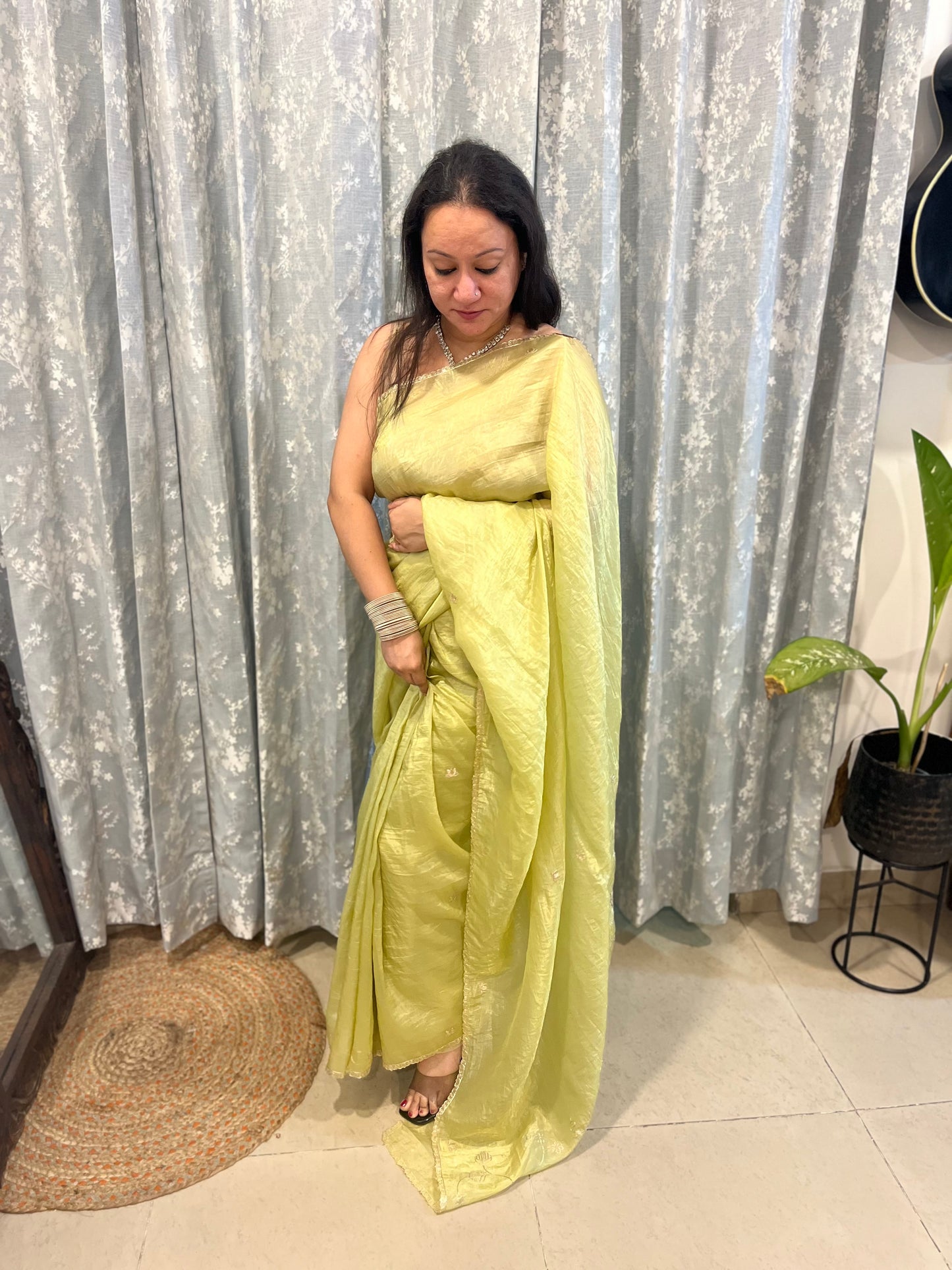 Pitta Work Crepe Tissue Saree - Mehendi Green