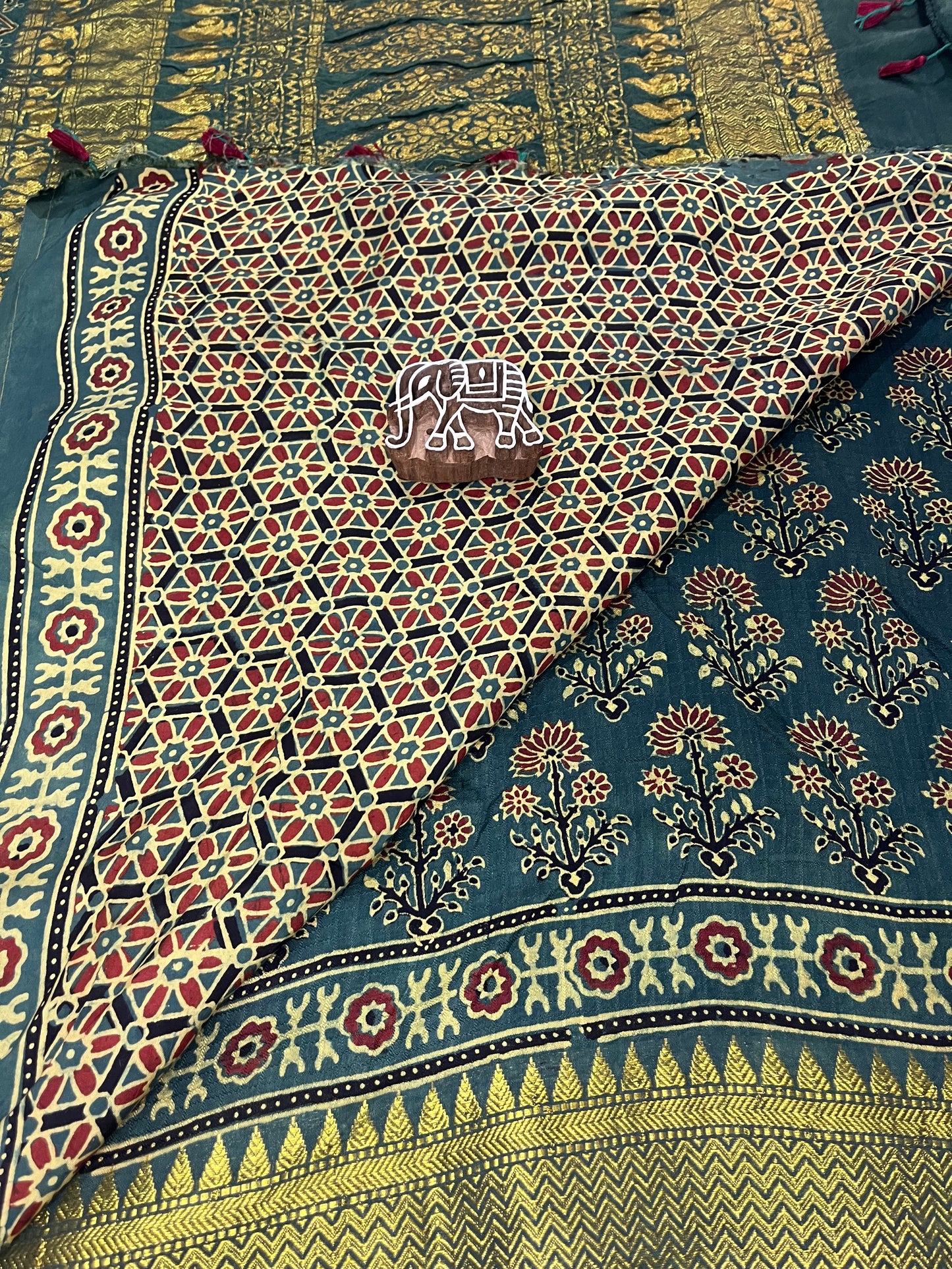 Ajrakh Dola Silk Saree - Green (with tassels)