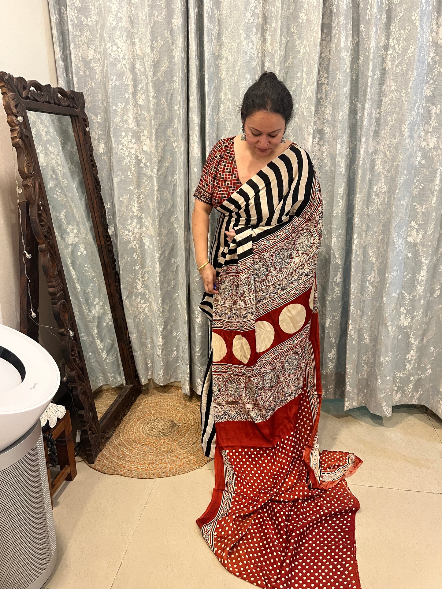 Contemporary Ajrakh Modal Silk Saree - Black Stripes with Red Palla