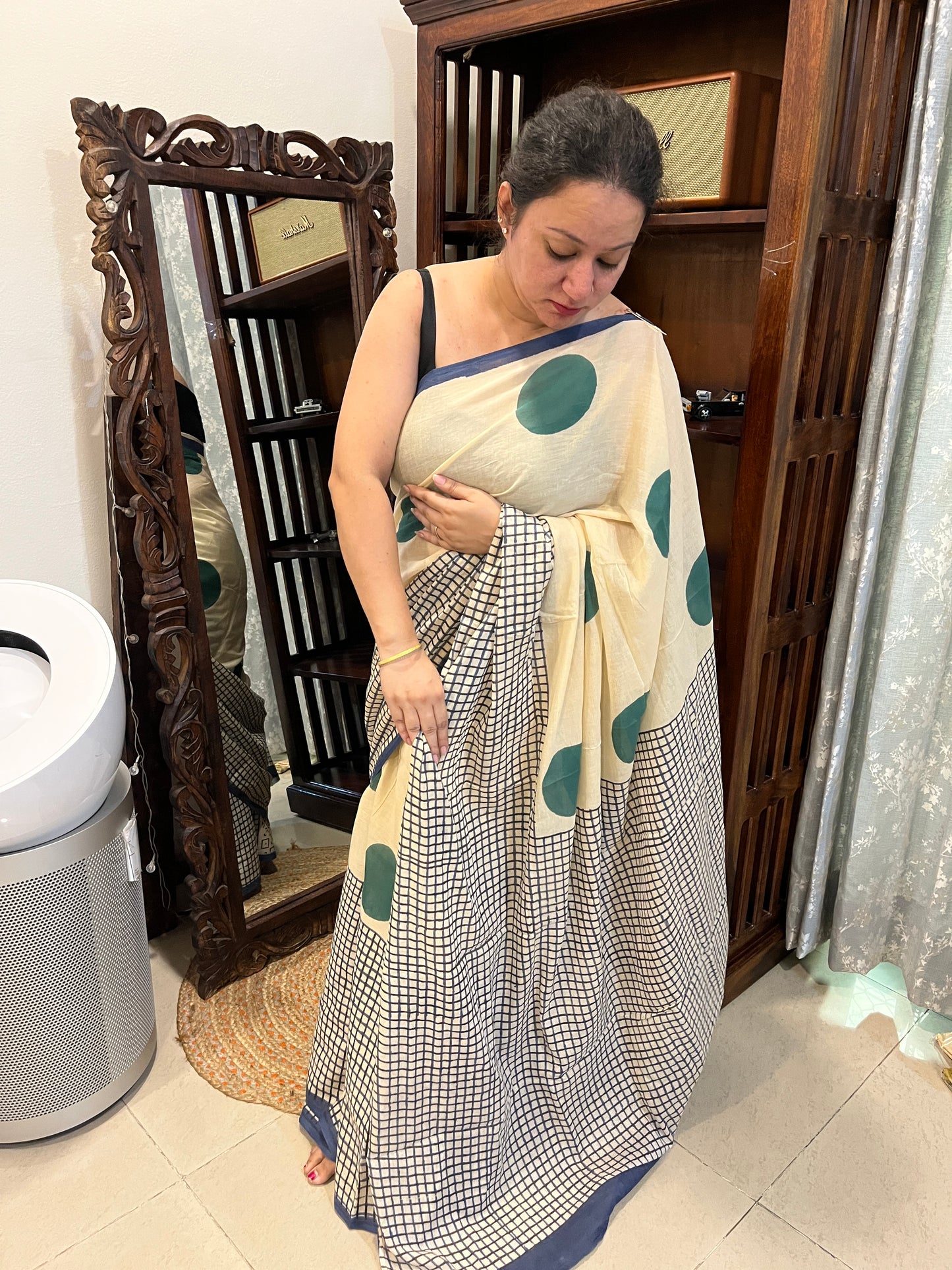 ‘Bindi Tales’ Handblock Mul Cotton Saree - Green on Off-white
