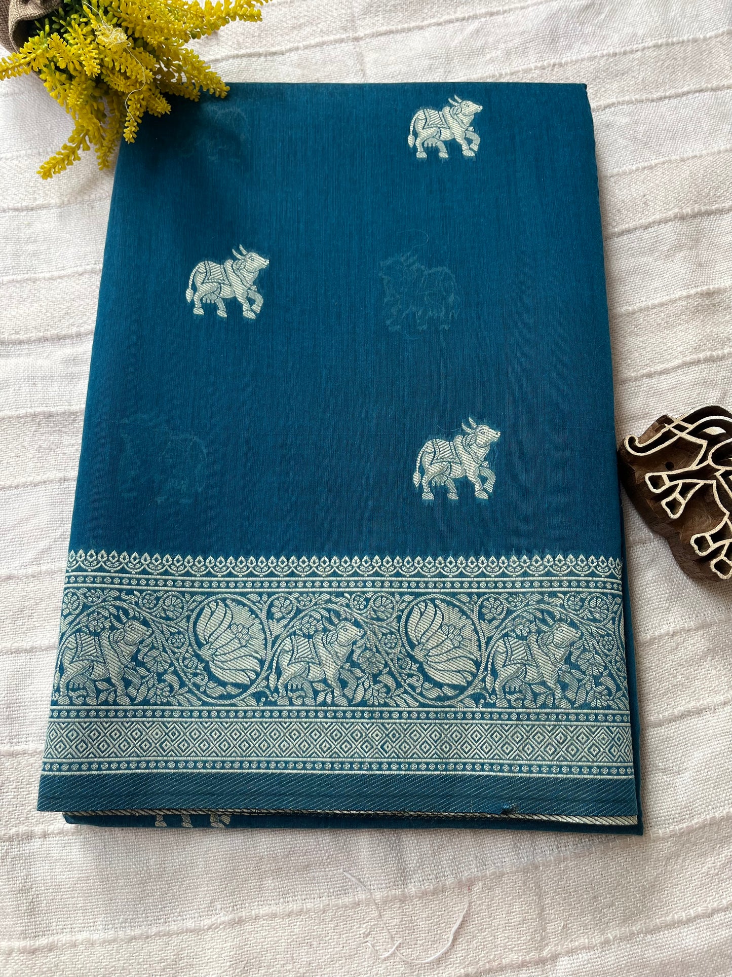 Mercerised Cotton Saree with Cow Weaving - Teal Blue