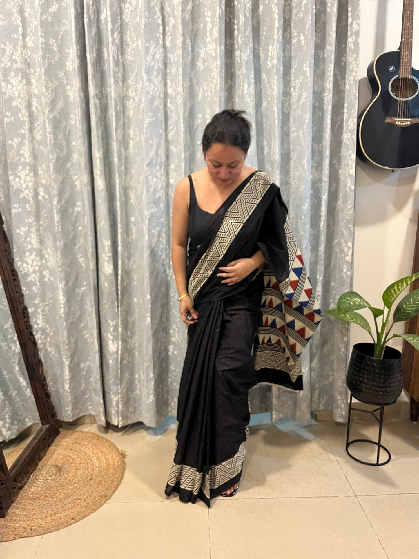 Contemporary Ajrakh Mul Cotton Saree - Black