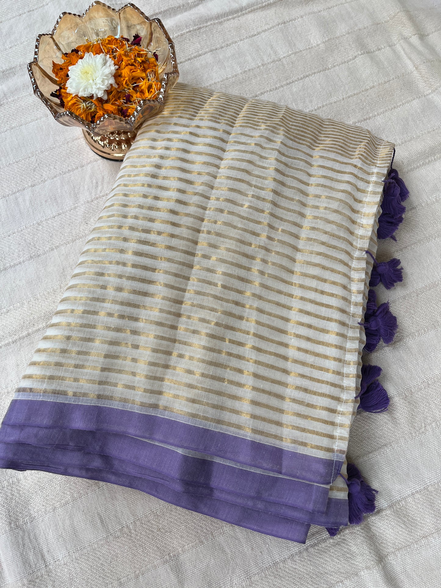 Zari Stripes Mul Cotton Saree - Off-white with Purple Border (No Blouse piece)