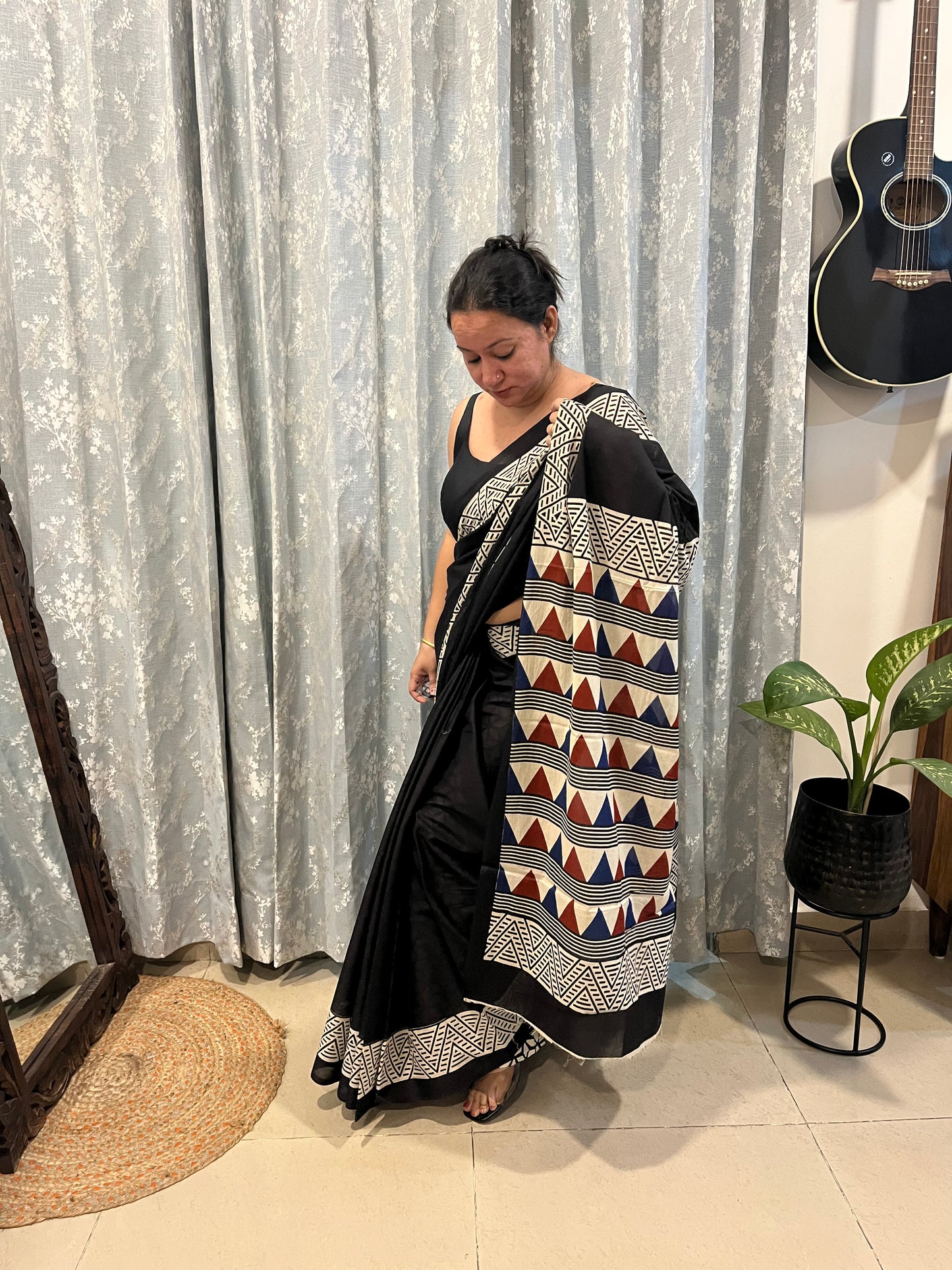 Contemporary Ajrakh Mul Cotton Saree - Black