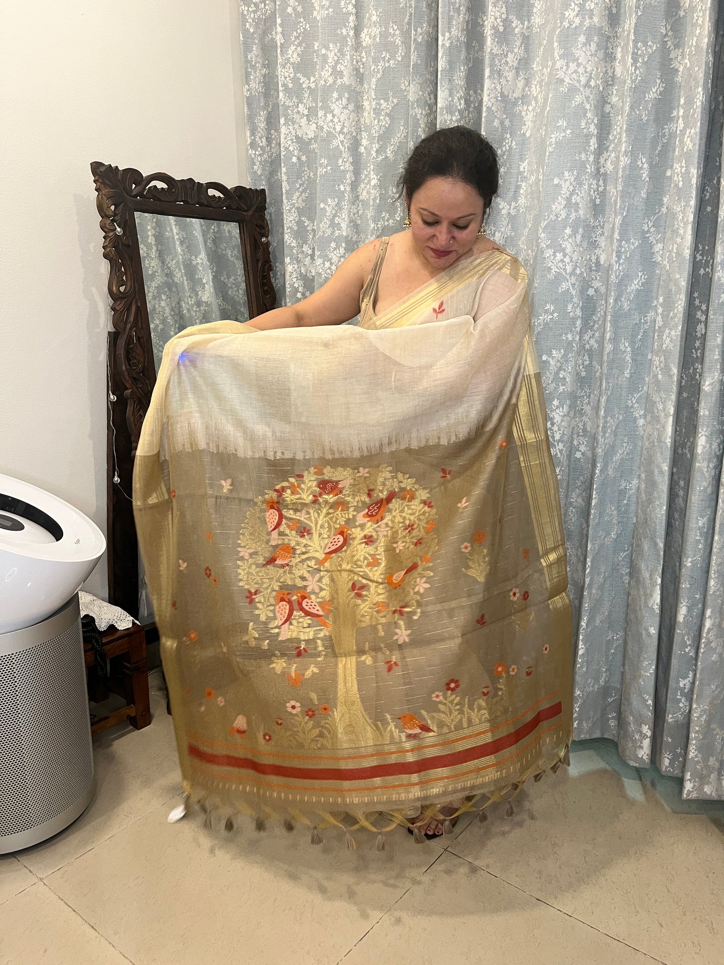Chanderi Cotton Jamdani Saree - Ivory-Brown Bageecha