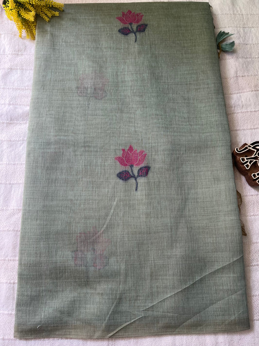Chanderi Cotton Jamdani Saree - Sea Green Lotus Pond