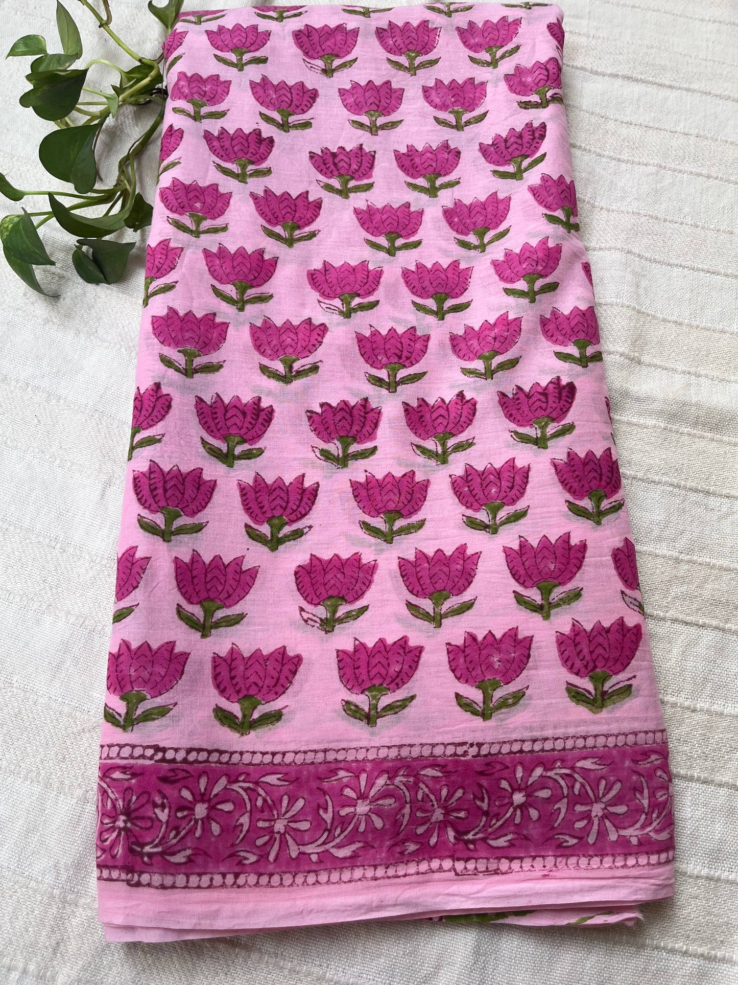 Lotus Handblock Mul Cotton Saree - Pink