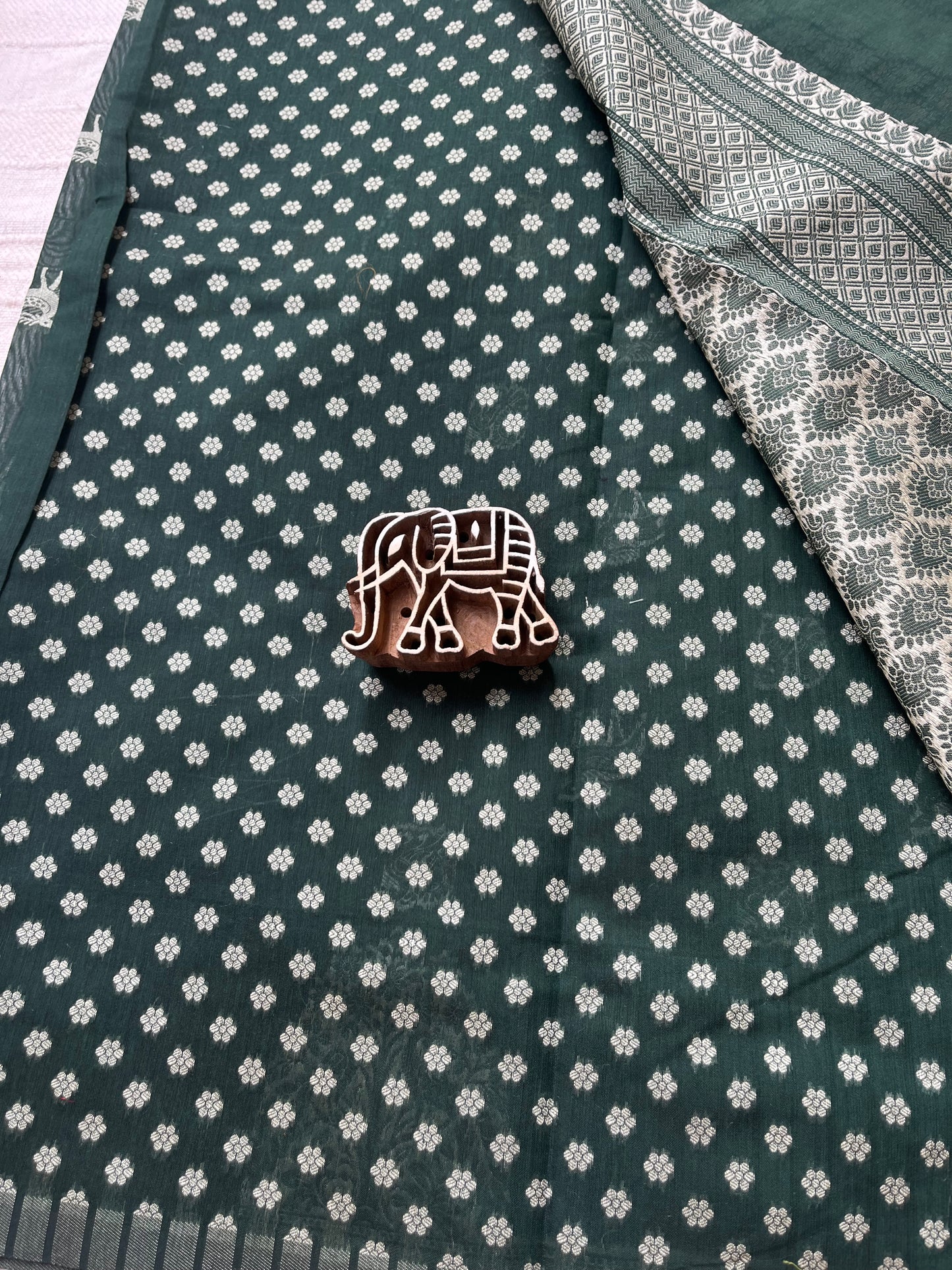 Mercerised Cotton Saree with Dear & Peacock Weaving - Dark Green