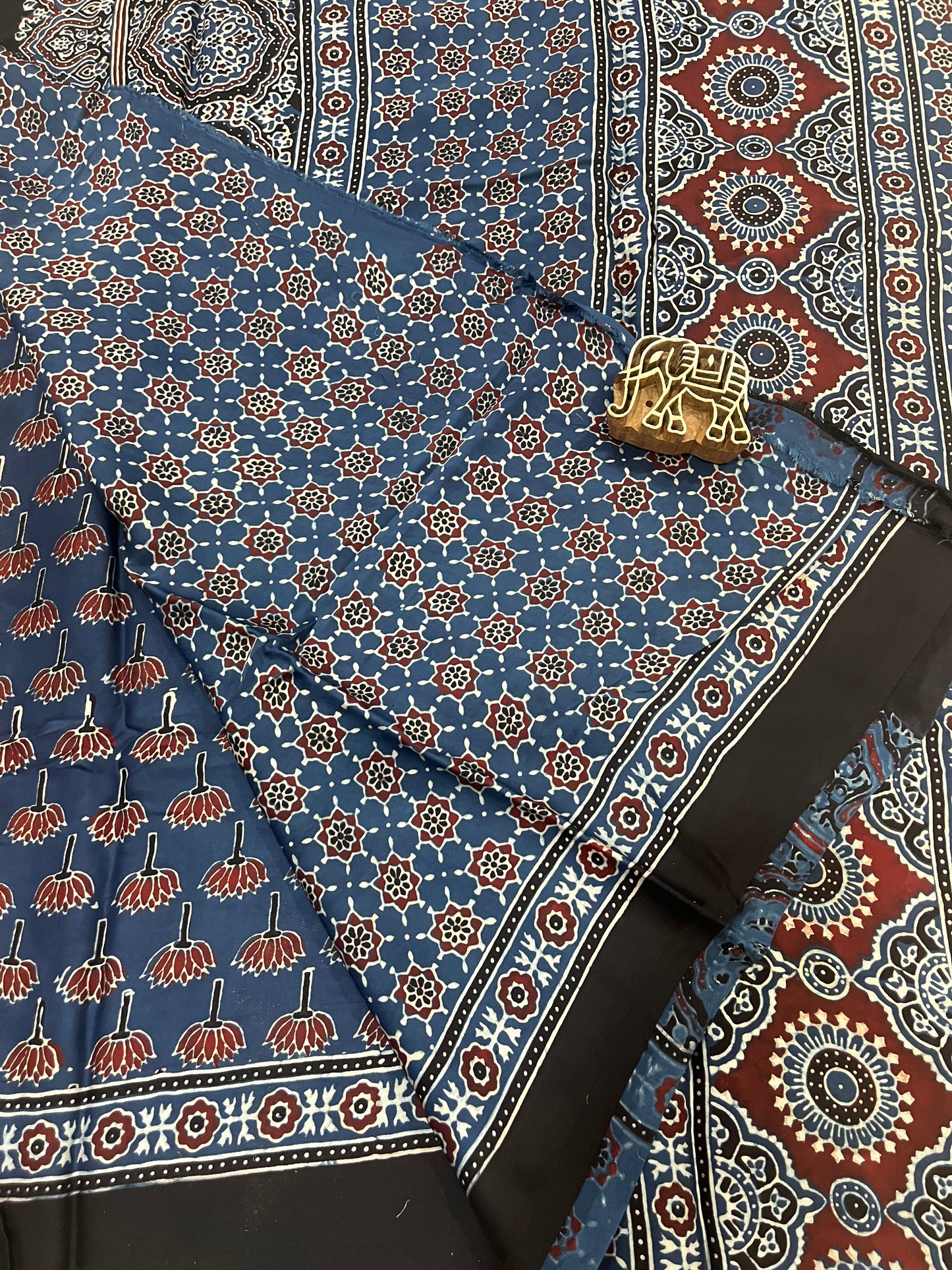 Ajrakh Modal Silk Saree - Indigo Lotus Motifs