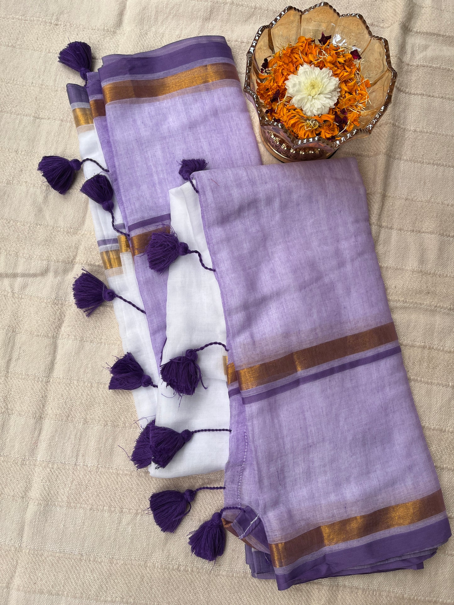 Zari Mul Cotton Saree - White with Purple Border & Pallu (No Blouse piece)