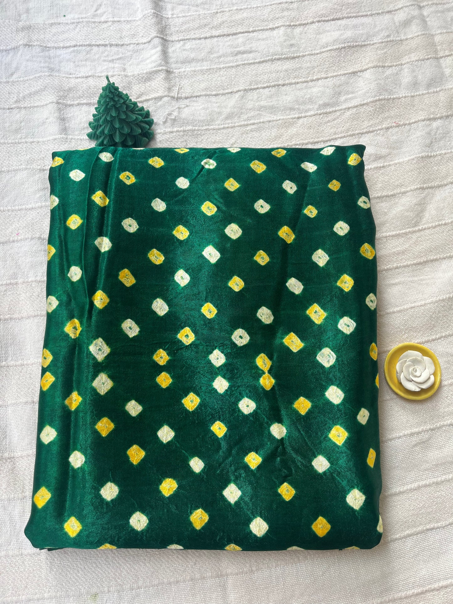 Bandhani Modal Silk saree with Tissue Palla - Bottle Green with White Yellow Bandhej