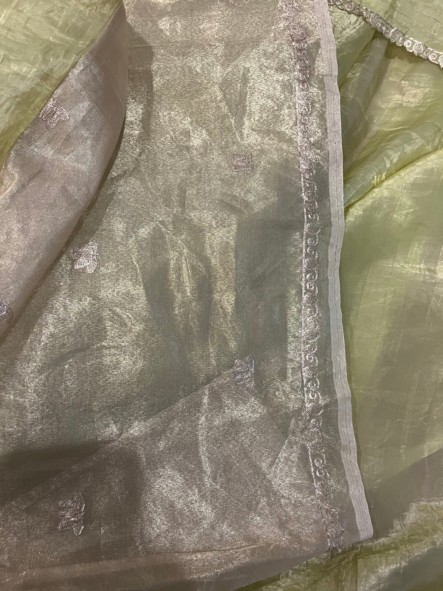 Pitta Work Crepe Tissue Saree - Mehendi Green