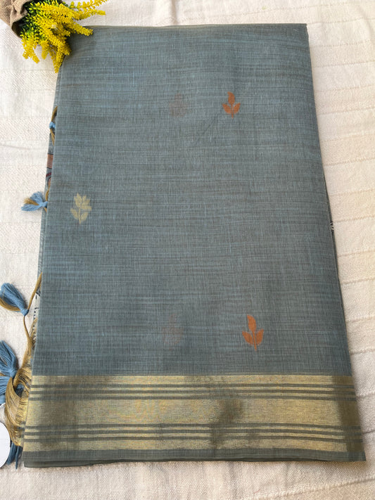 Chanderi Cotton Jamdani Saree - Grey Shikargah