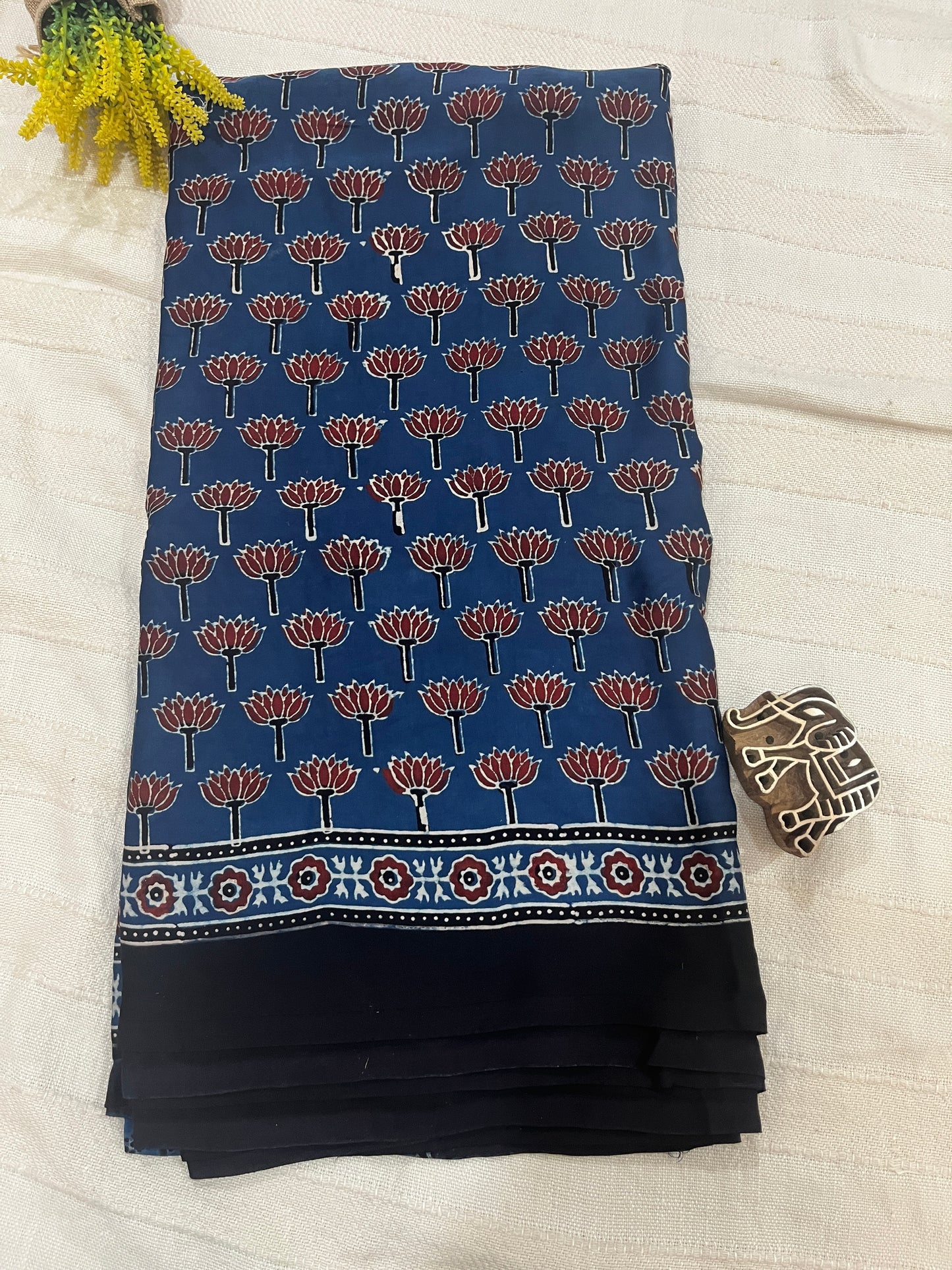 Ajrakh Modal Silk Saree - Indigo Lotus Motifs