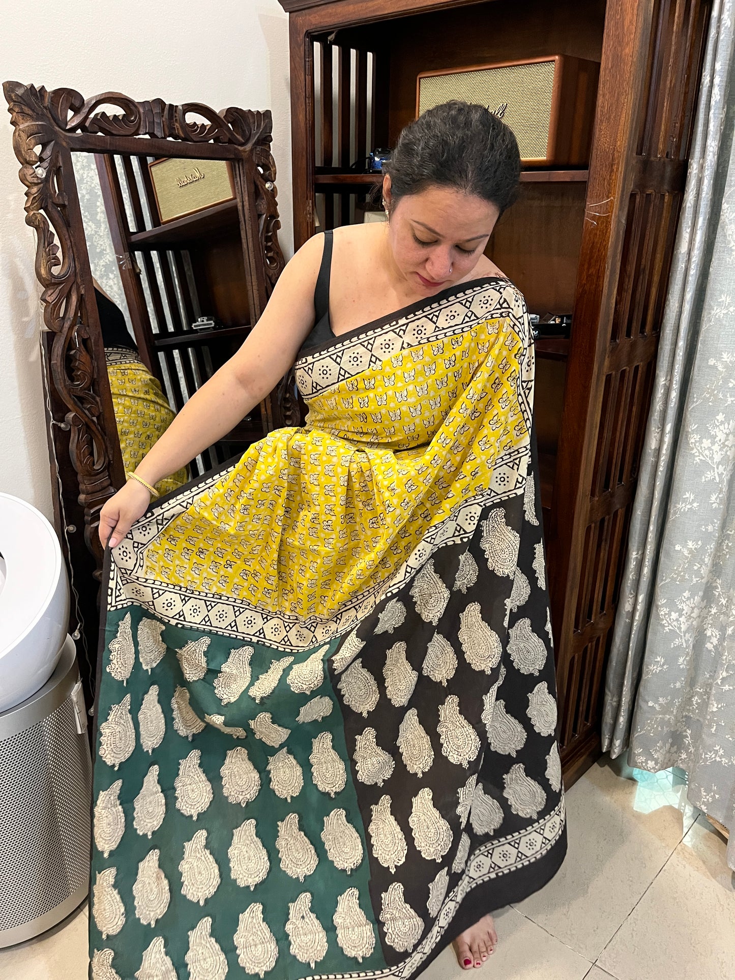 Butterfly Handblock Mul Cotton Saree - Yellow